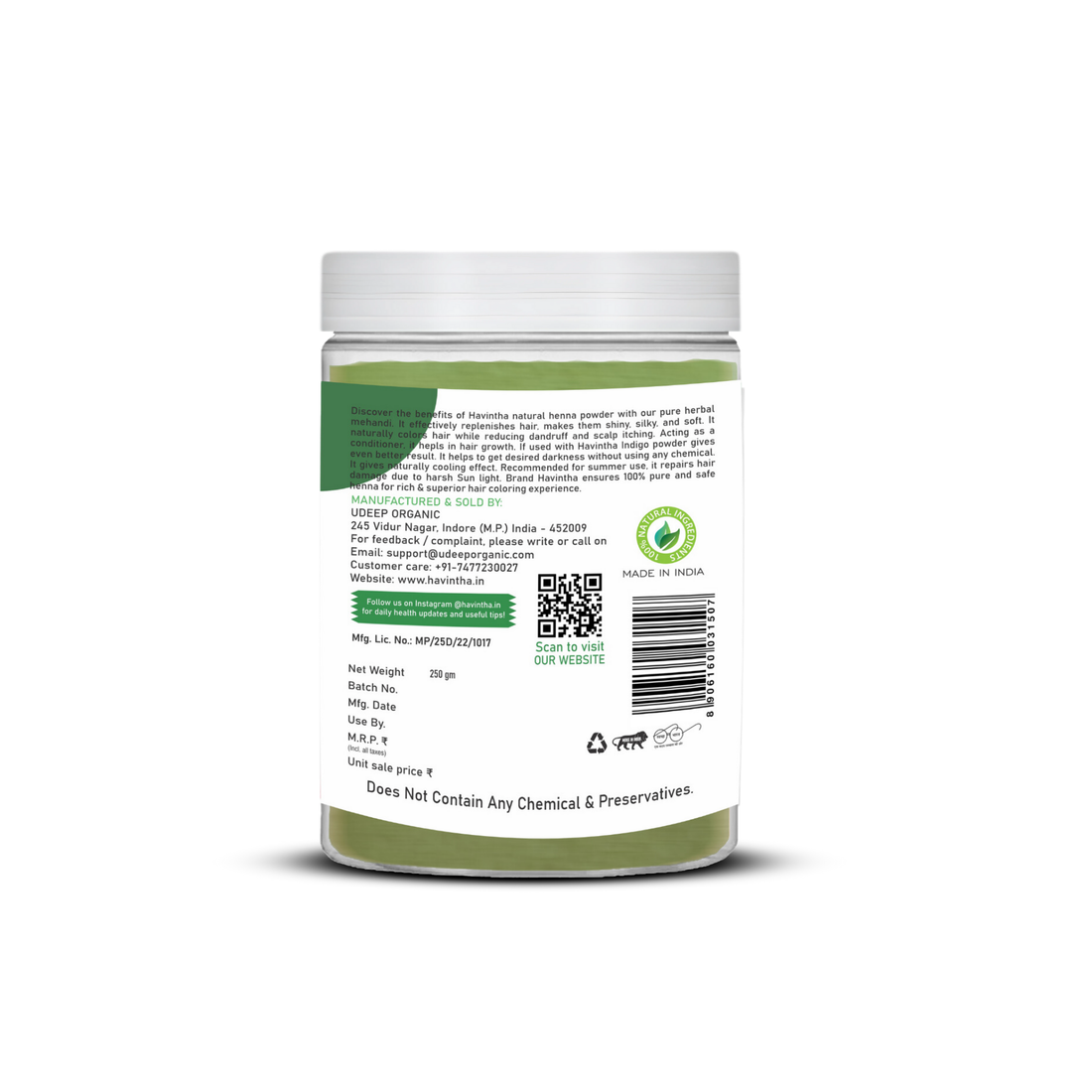 Havintha Natural Henna Mehndi powder | Natural Hair Colour | For All Types Hair |  8 oz | 250 Grams (JAR)