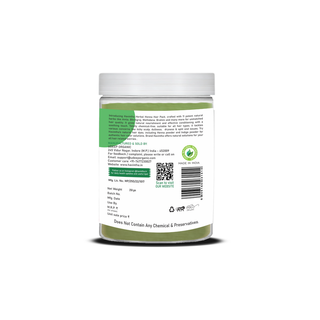 Havintha Herbal Henna Powder | Natural Hair Color | With Amla, Hibiscus, Neem, Green Tea | 8 oz | 250 Grams (JAR)