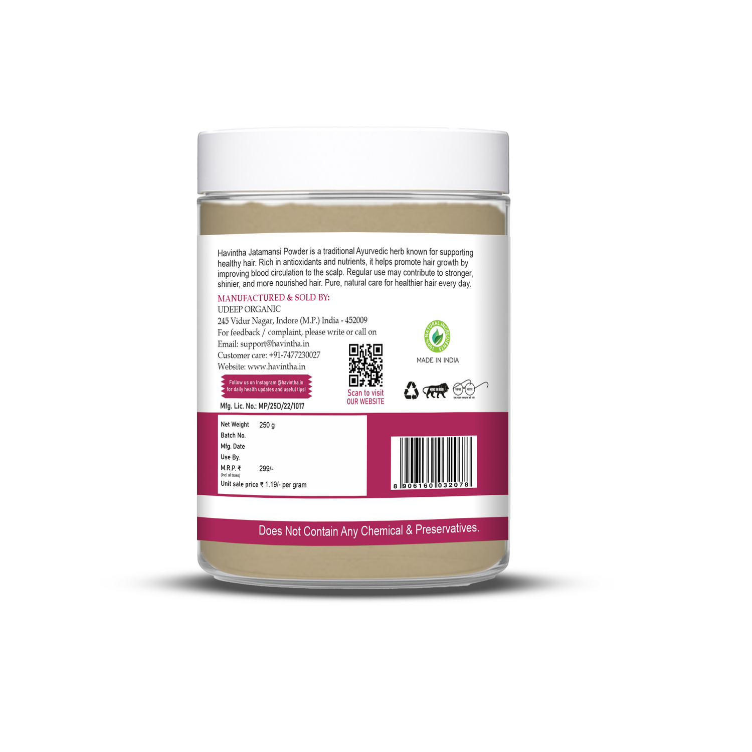 Havintha Natural Jatamansi Powder | For Strong Hair | 8 oz | 250 Grams (JAR)