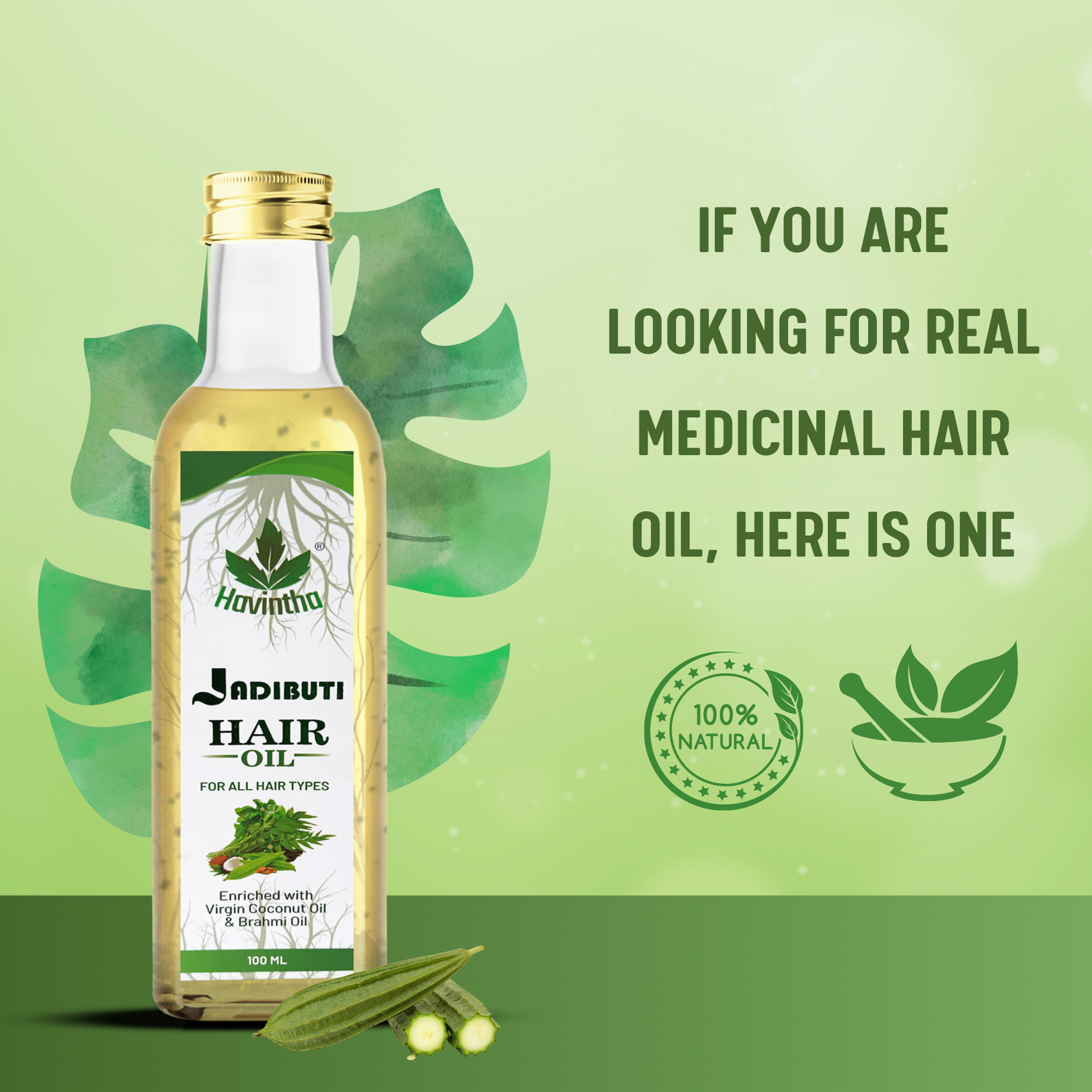 Havintha Natural Jadibuti Hair Oil For Hair Growth And Hair Fall Control With Tea Tree, Olive, Curry Leaves, Ridged Gourd, Almond, Jatamansi, Bhringraj, And Brahmi Oil - 3 oz | 100 ML