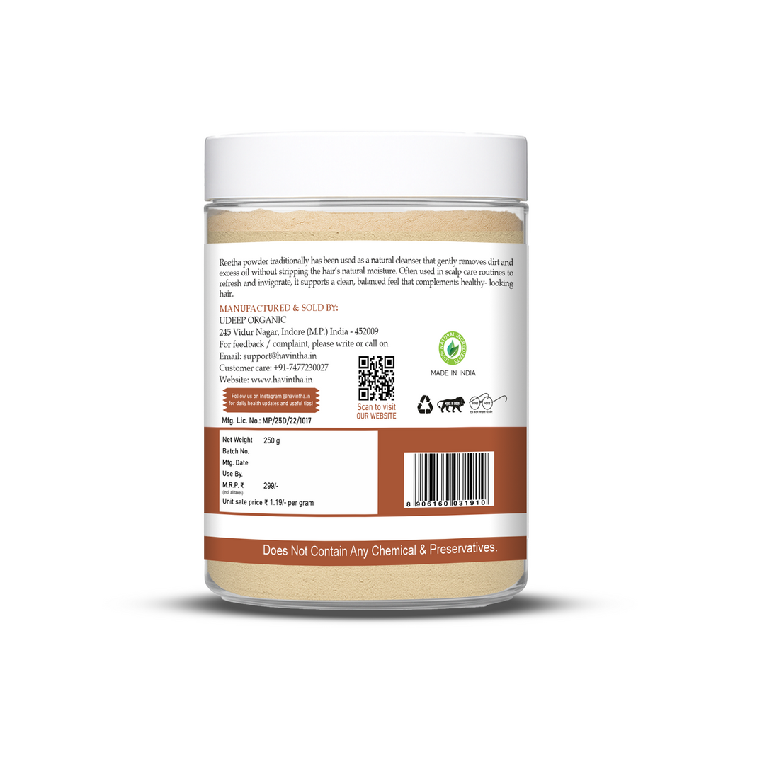 Havintha Natural Reetha Powder For Shiny Hair | Hair Care Powder | 8 oz | 250 Grams (JAR)