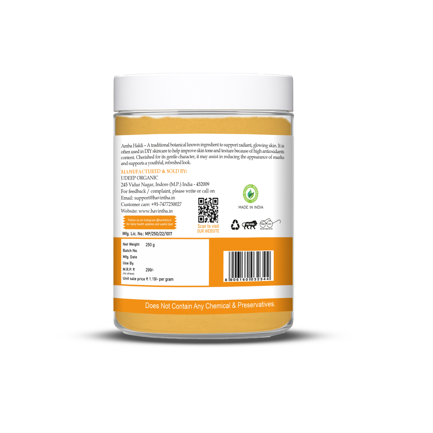 Havintha Natural Amba Haldi Powder for Face | For Bright Skin | Natural Face Care | 8 oz | 250 Grams (JAR)