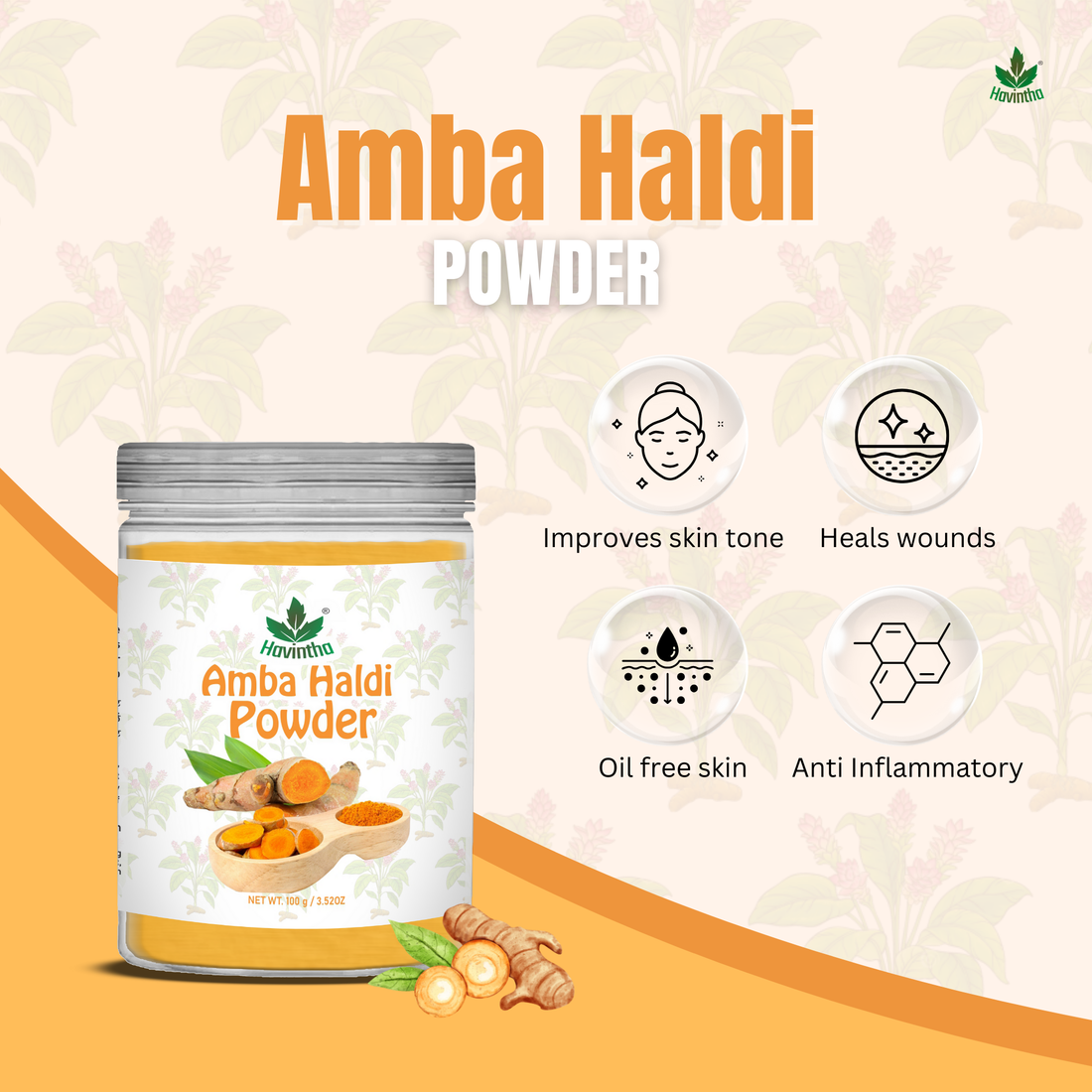 Havintha Natural Amba Haldi Powder for Face | For Bright Skin | Natural Face Care | 8 oz | 250 Grams (JAR)