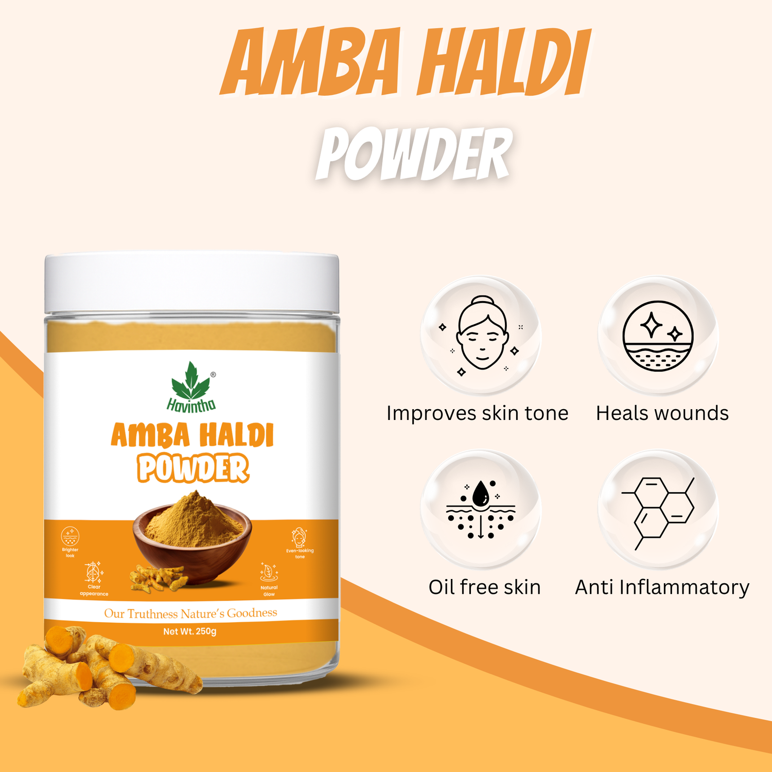Havintha Natural Amba Haldi Powder for Face | For Bright Skin | Natural Face Care | 8 oz | 250 Grams (JAR)