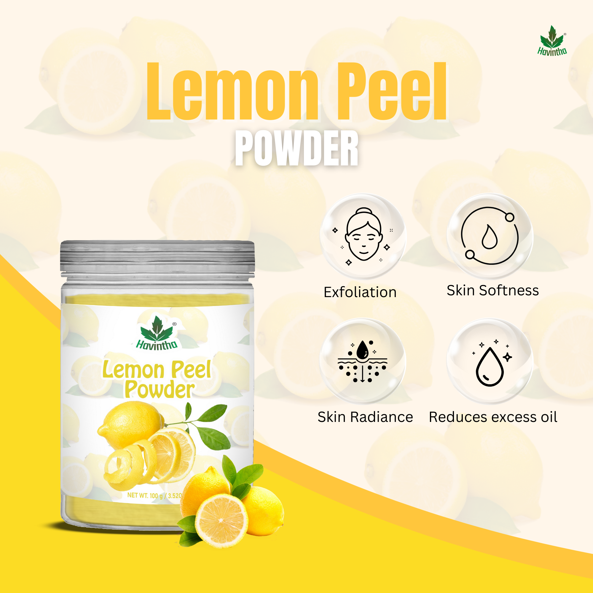 Havintha Natural Lemon Peel Powder | For Brighter Skin | Remove Dark Circles | 8 oz | 250 Grams (JAR)