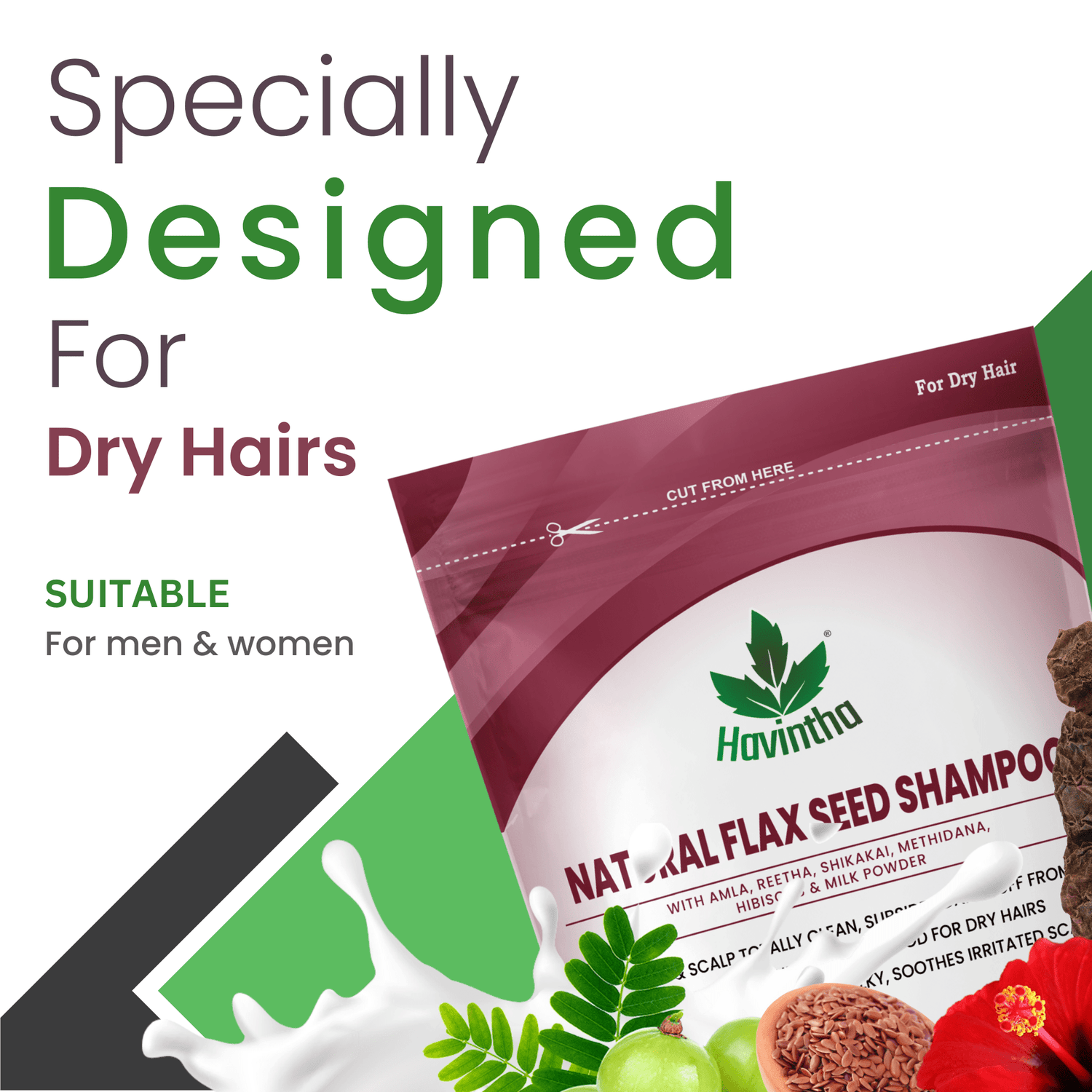 Havintha Natural Flaxseed Shampoo with Amla Reetha Shikakai Methidana Hibiscus and Milk Powder for Dry Hair - 8 oz | 0.5 lb | 227 gm