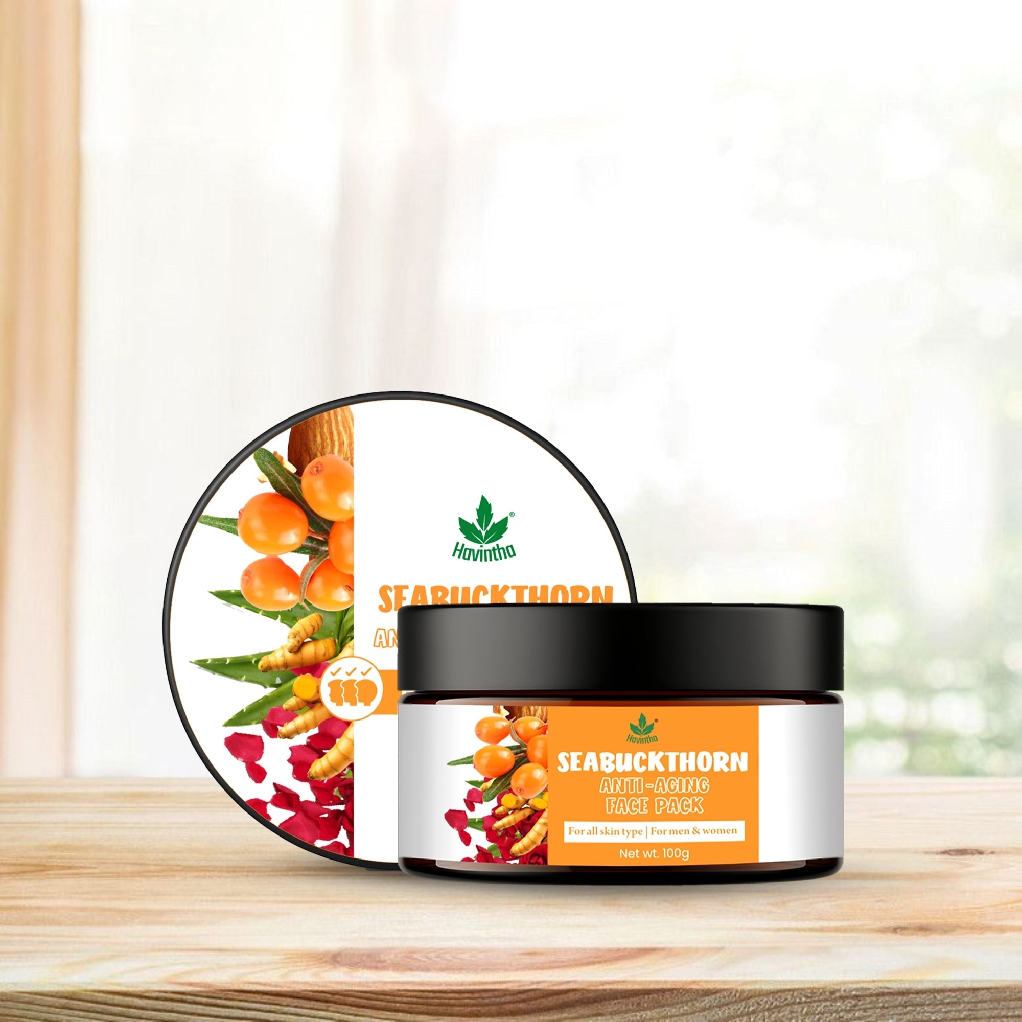 Havintha Sea Buckthorn Anti-Aging Face Pack 100g for firm, glowing skin, deep nourishment, and youthful-looking complexion.