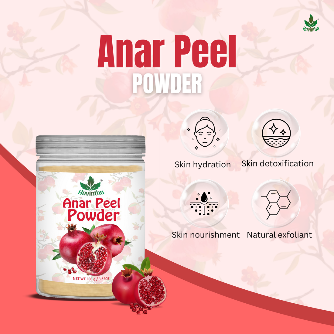 Havintha Natural Anar Peel Powder | For Glowing Skin | Herbal Skin Care | 8 oz | 250 Grams (JAR)