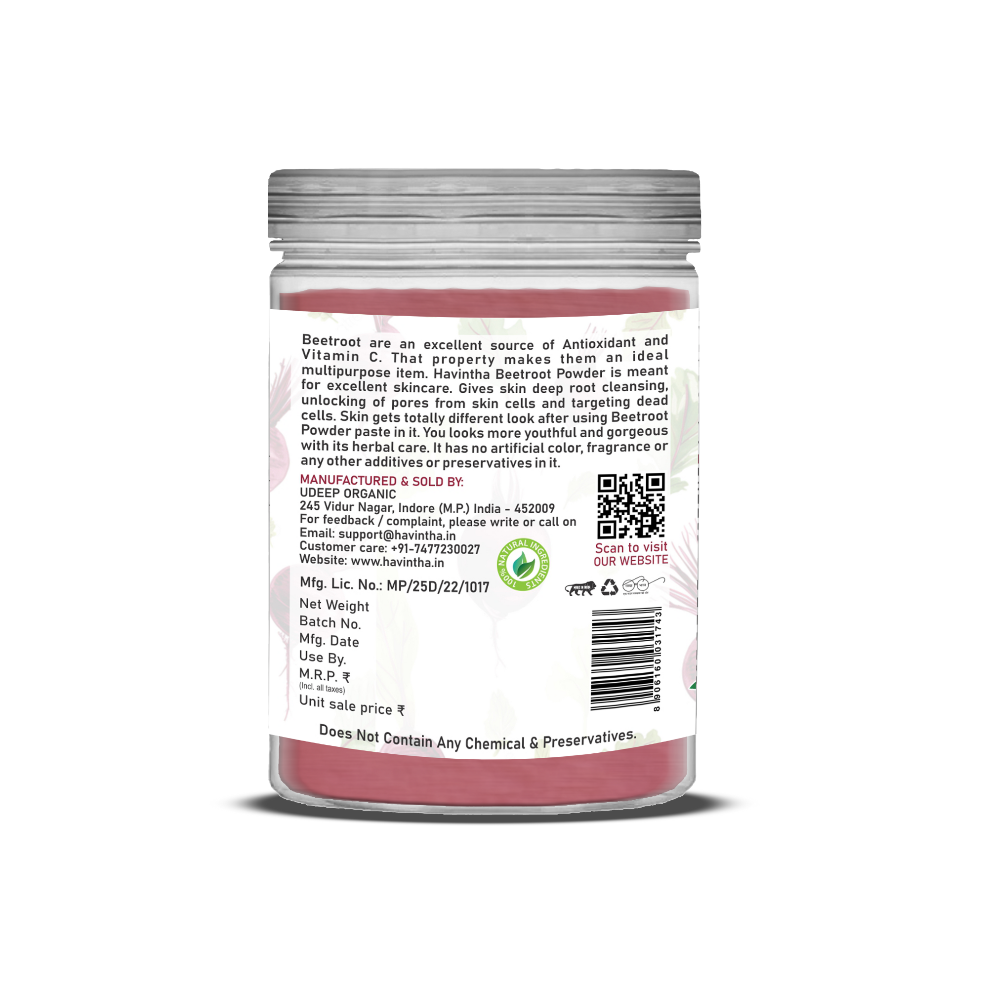 Havintha Beet Root Powder for Face | For Glowing Skin | Natural Skin Care | 250 Grams (JAR)