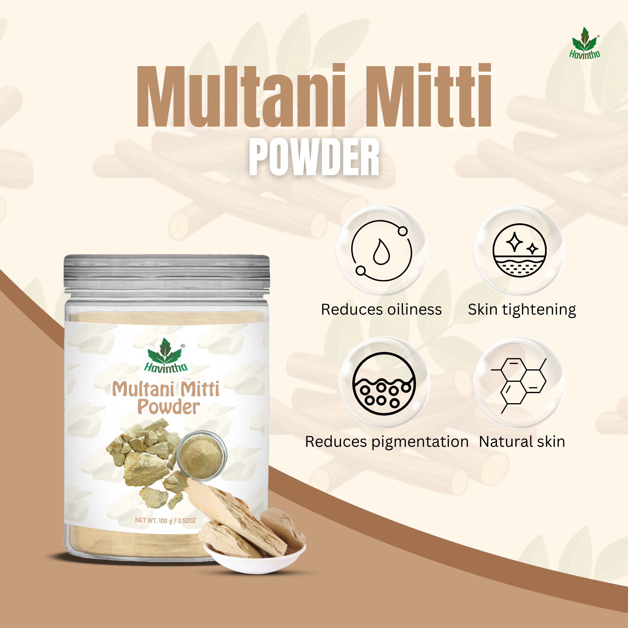 Havintha Natural Multani Mitti Powder | Natural Face Pack &amp; Skin Care | 8 oz | 250 Grams (JAR)