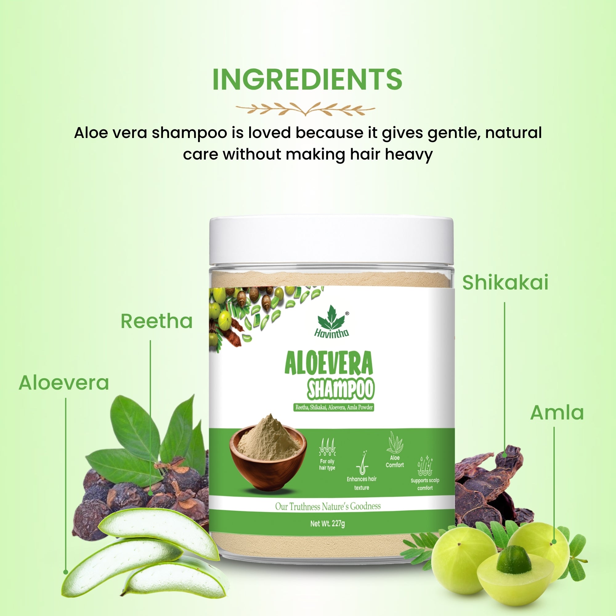 Havintha Natural Amla Reetha Shikakai and Aloevera Powder Shampoo for Oily Hair -  8 oz | 0.5 lb | 227 gm