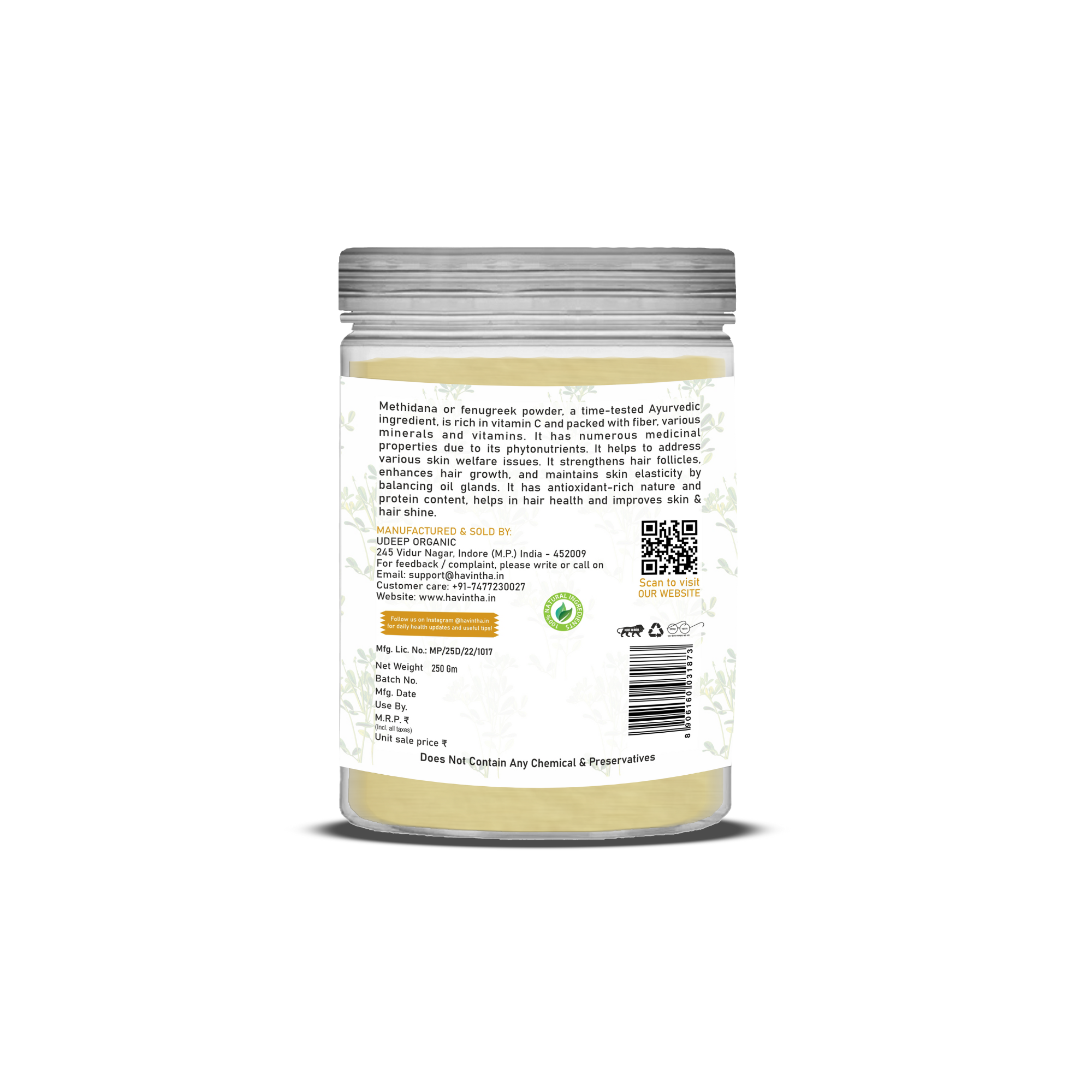 Havintha Natural Methidana Powder | For Strong &amp; Healthy Hair |  8 oz | 250 Grams (JAR)