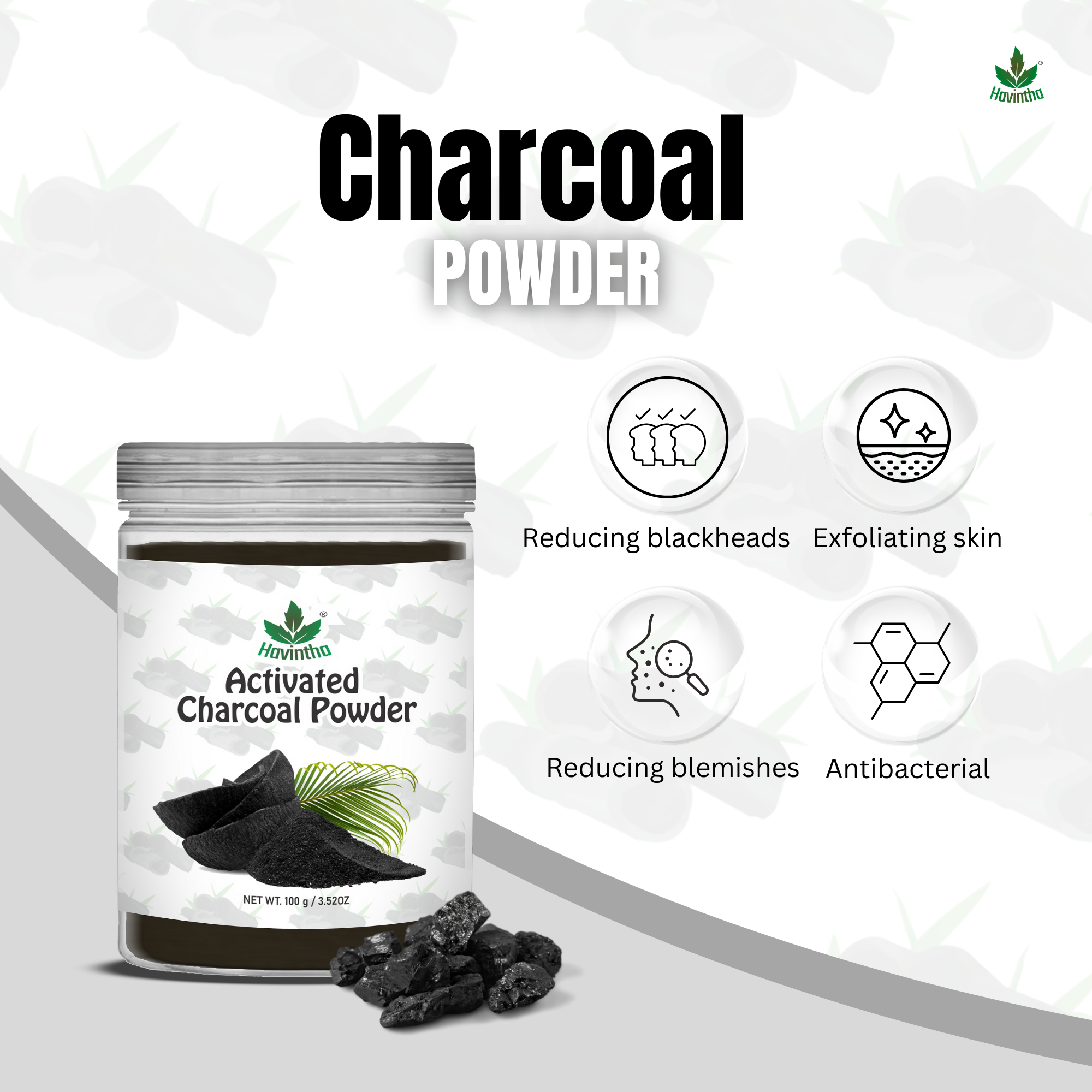 Havintha Activated Charcoal Powder | 100% Natural for Face &amp; Body | 8 oz | 250 Grams (JAR)