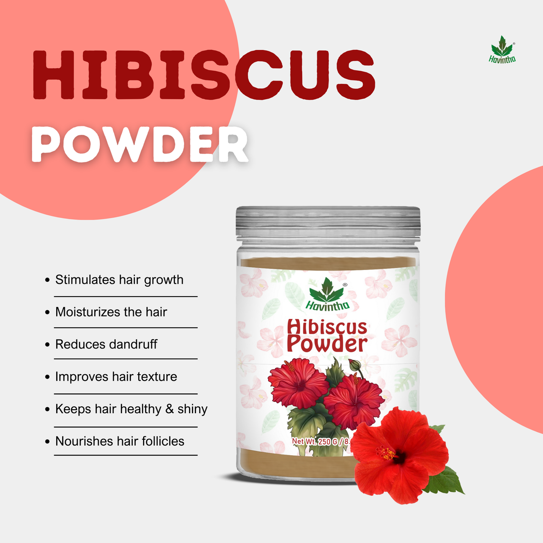 Havintha Natural Hibiscus Powder For Shiny Hair | For Strong Hair | Men &amp; Women - 8 oz | 250 Grams (JAR)