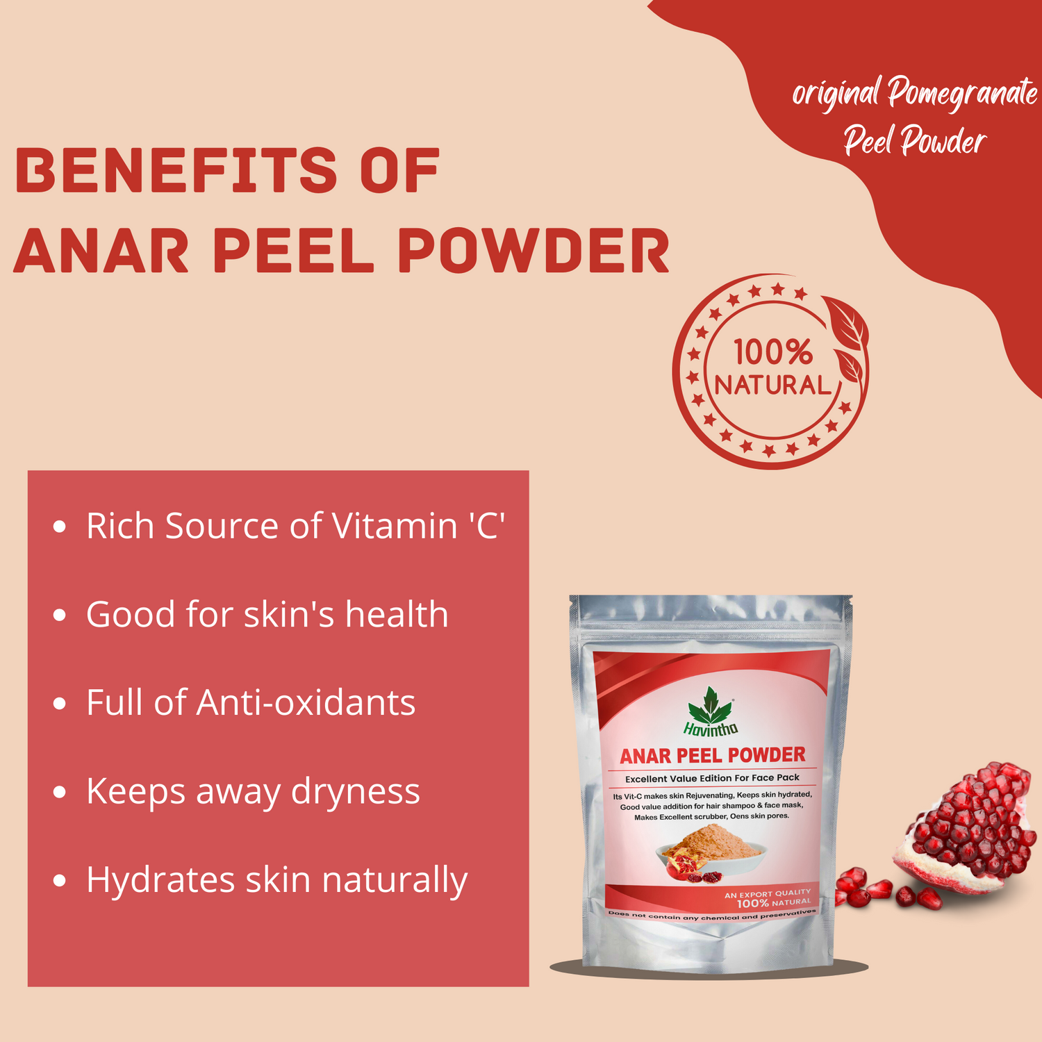 Havintha Natural Anar Chilka Powder | Pomegranate Peel Powder for Skin Care - 8 oz | 0.5 lb | 227 gm