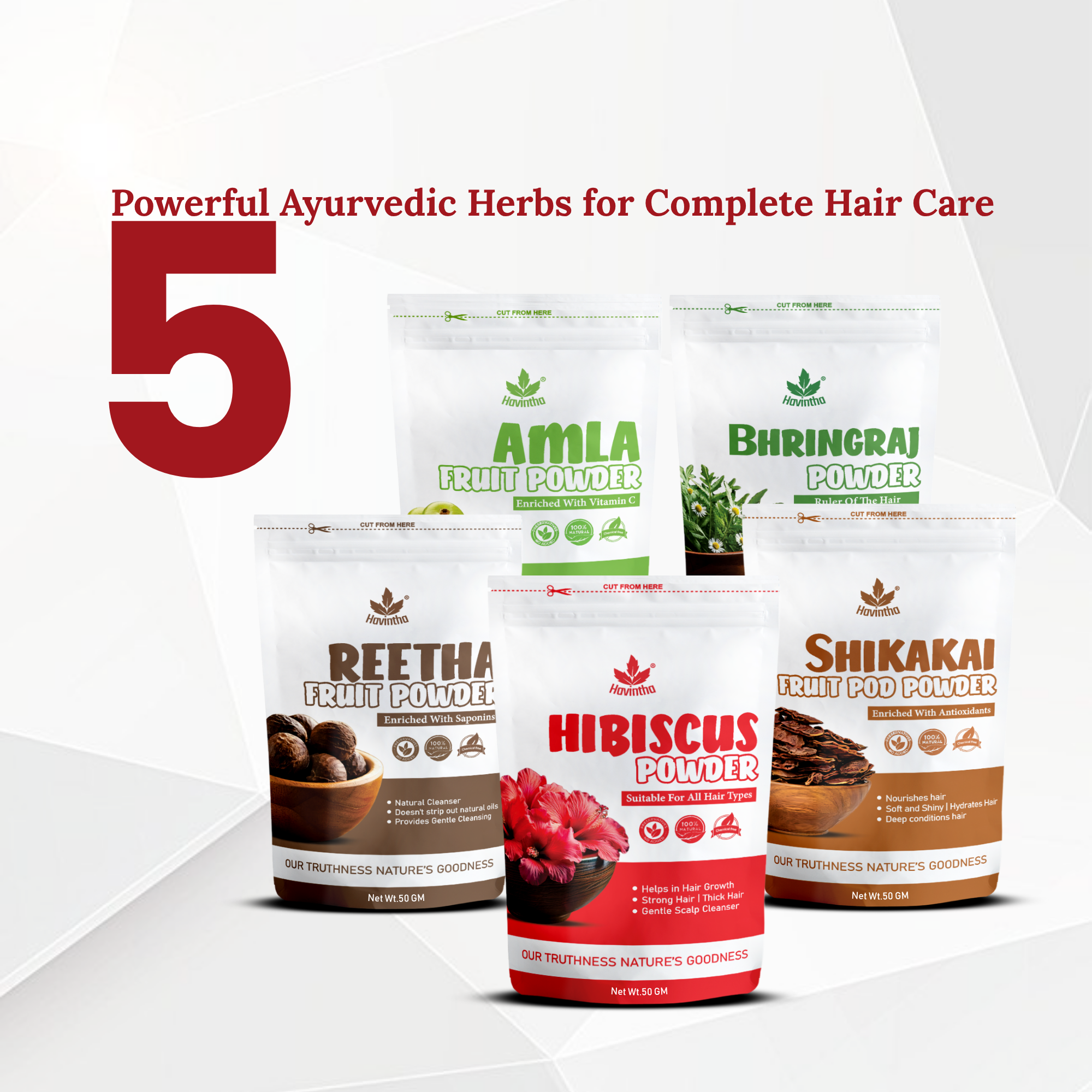 Havintha 5-in-1 (250g) Herbal Hair Powder with Amla, Reetha, Shikakai, Bhringraj &amp; Hibiscus, 50g Each
