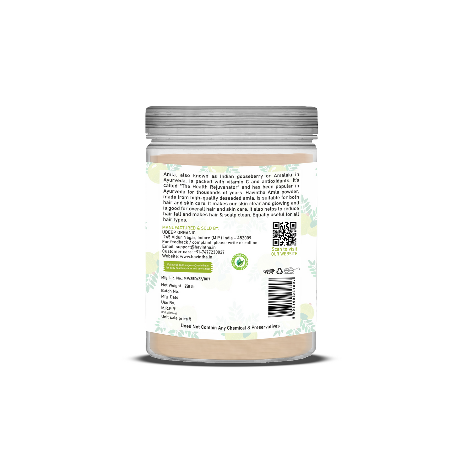 Havintha Natural Amla Powder |  8 oz | 250 Grams (JAR)