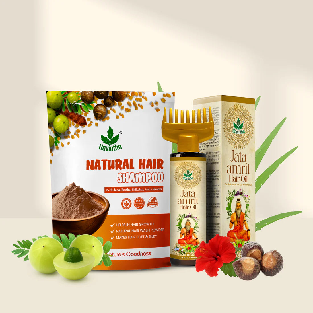 Natural Hair Shampoo (227g | 8 oz) for Scalp Clean &amp; Hair Growth | Jata Amrit Hair Oil (100ml | 3 oz) for Nourishment &amp; Shine | For Men &amp; Women