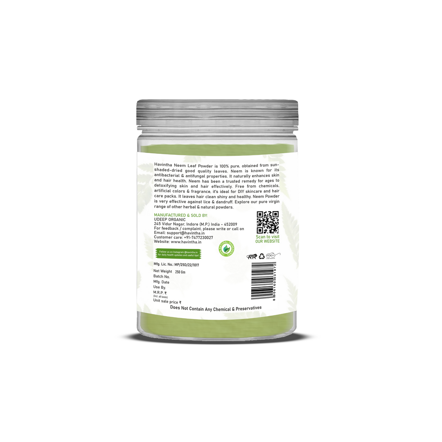 Havintha Natural Neem Powder | For Antioxidant Benefits | For Hair &amp; Skin Care |  8 oz | 250 Grams (JAR)