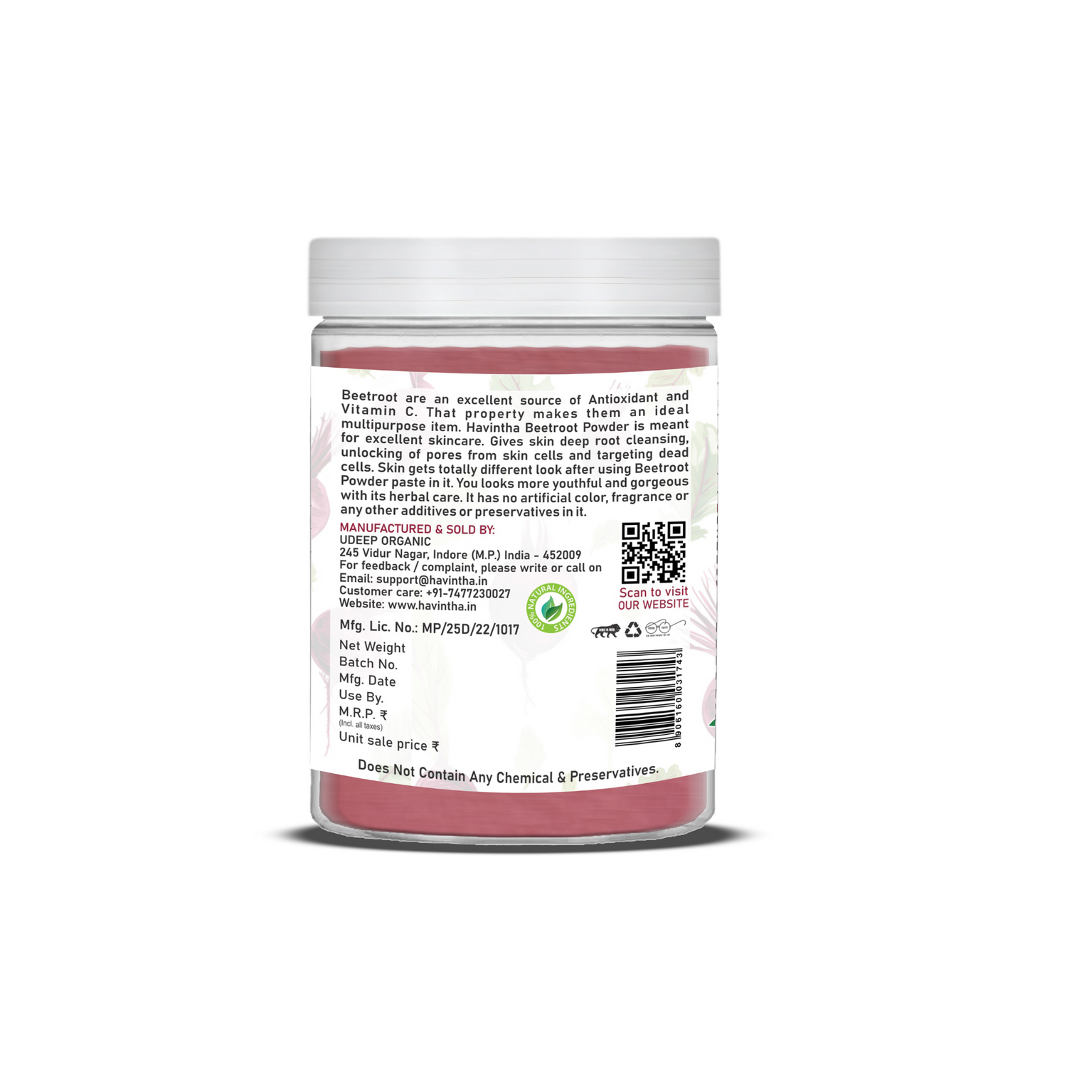 Havintha Beet Root Powder for Face | For Glowing Skin | Natural Skin Care | 250 Grams (JAR)