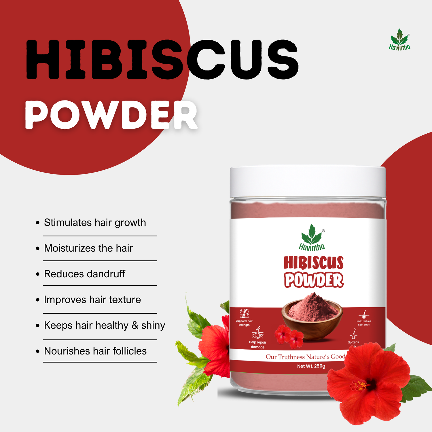 Havintha Natural Hibiscus Powder For Shiny Hair | For Strong Hair | Men &amp; Women - 8.81 oz | 250 Grams (JAR)