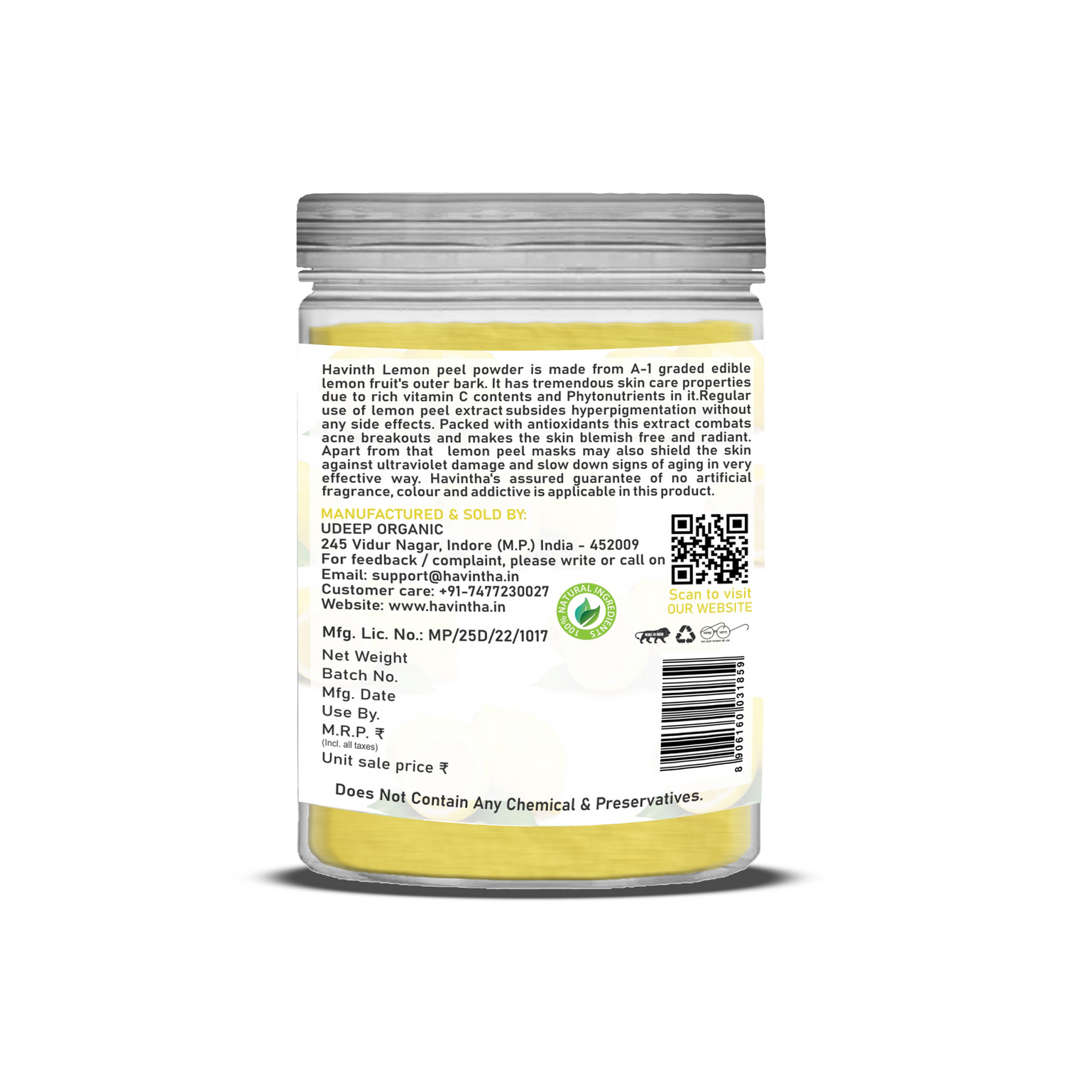 Havintha Natural Lemon Peel Powder | For Brighter Skin | Remove Dark Circles | 8 oz | 250 Grams (JAR)