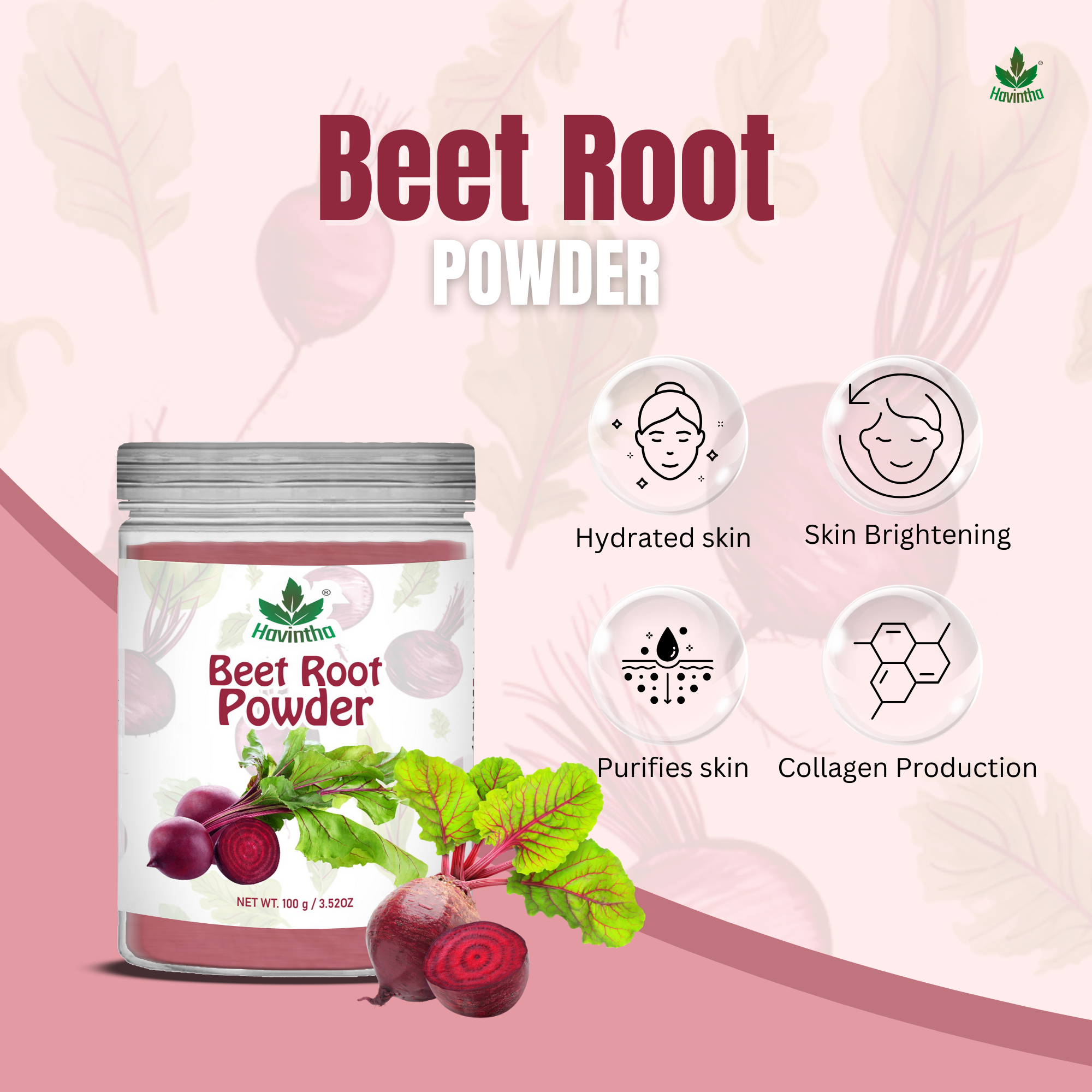 Havintha Beet Root Powder for Face | For Glowing Skin | Natural Skin Care | 250 Grams (JAR)