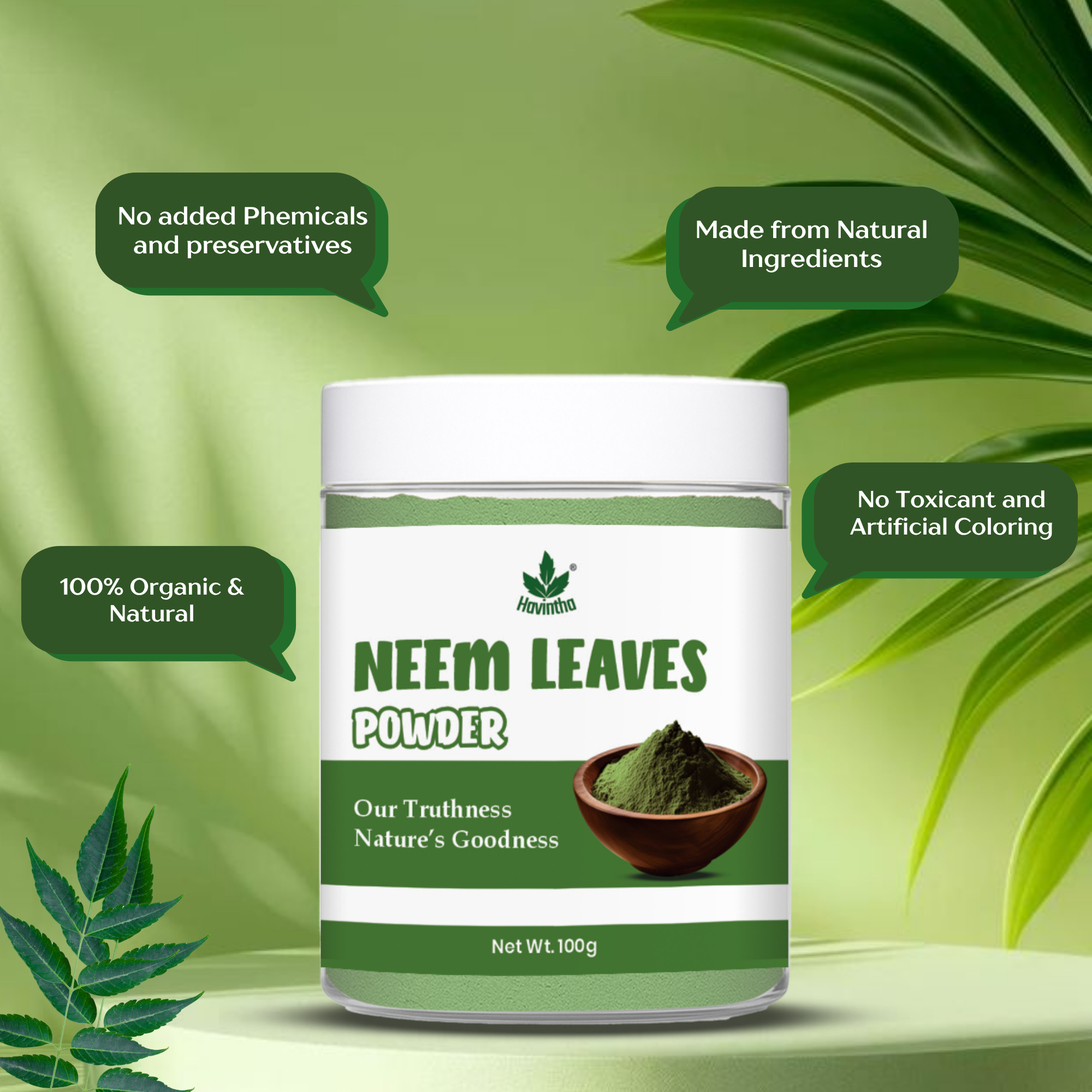 Havintha Natural Neem Powder | For Antioxidant Benefits | For Hair &amp; Skin Care |  100 Grams (JAR)
