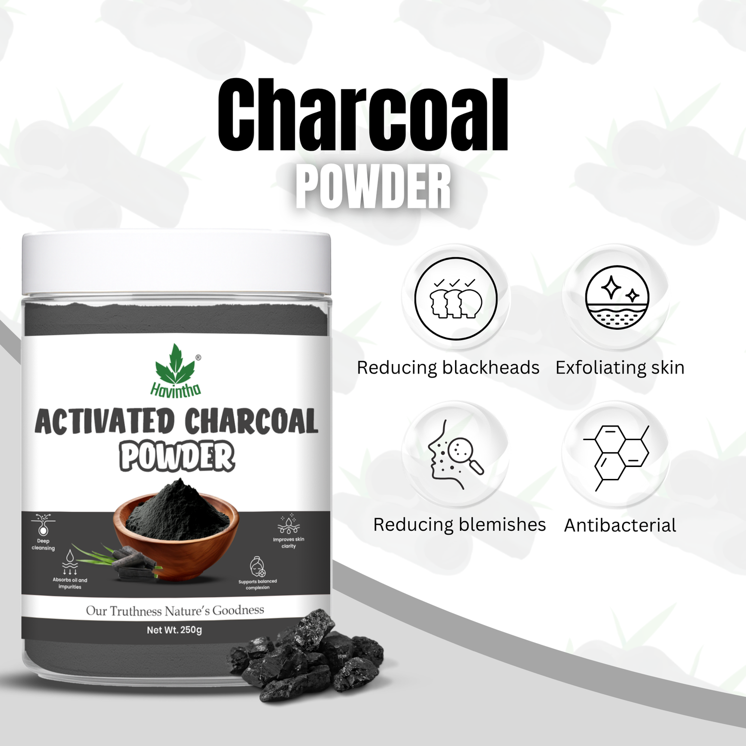 Havintha Activated Charcoal Powder | 100% Natural for Face &amp; Body | 8 oz | 250 Grams (JAR)