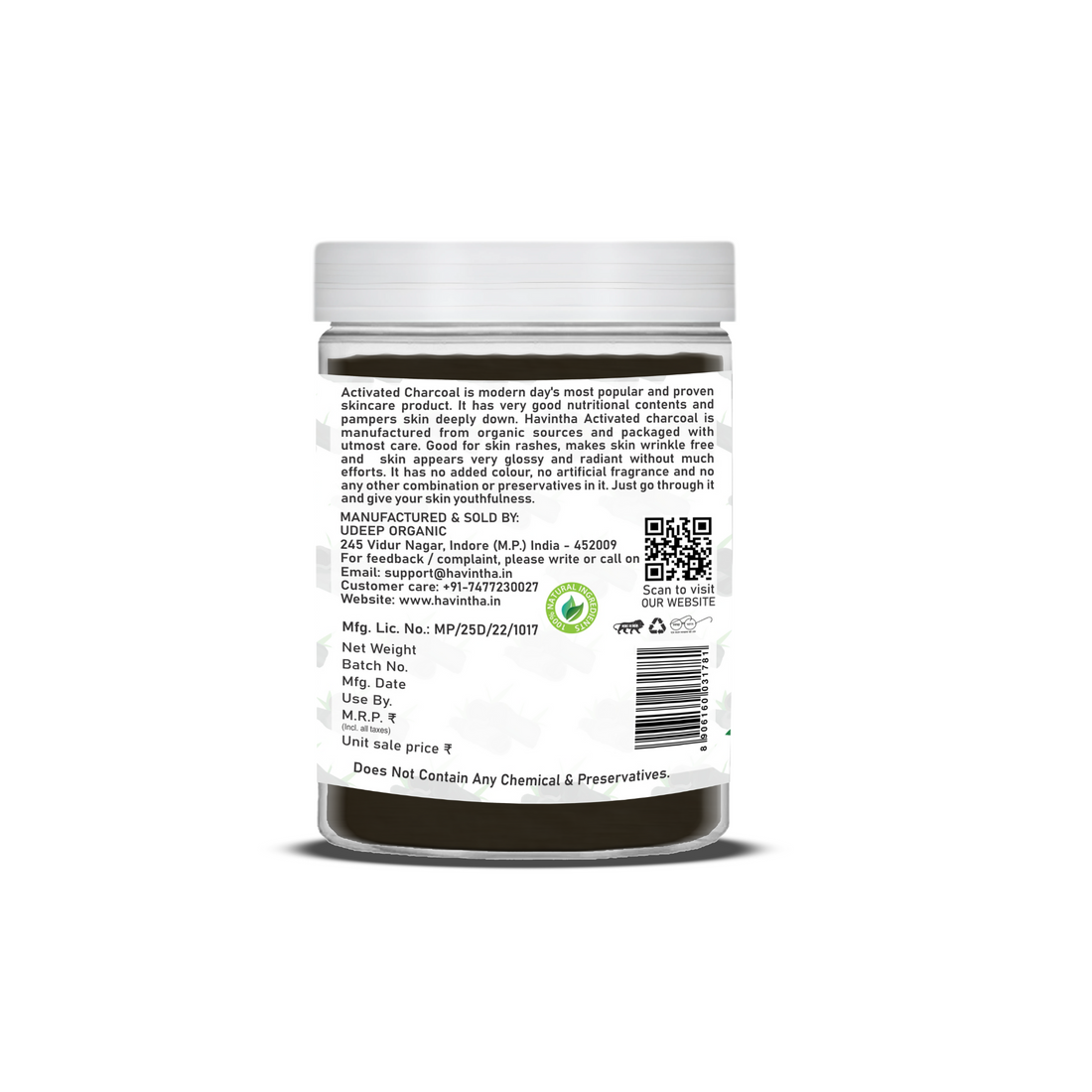 Havintha Activated Charcoal Powder | 100% Natural for Face &amp; Body | 8 oz | 250 Grams (JAR)