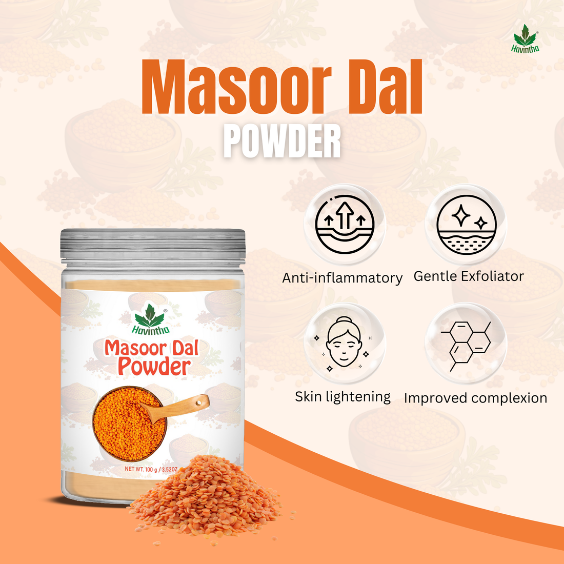 Havintha Masoor Dal Powder | For Glowing Skin | Good For All Skin Type | 8 oz | 250 Grams (JAR)