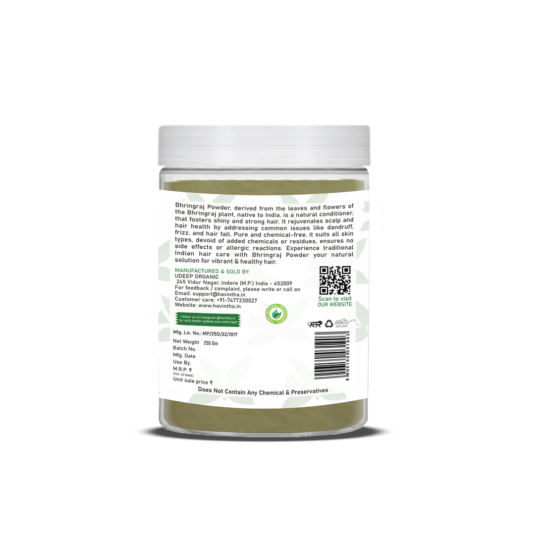 Havintha Natural Bhringraj Powder | For Strong &amp; Silky Hair | 8 oz | 250 Grams (JAR)