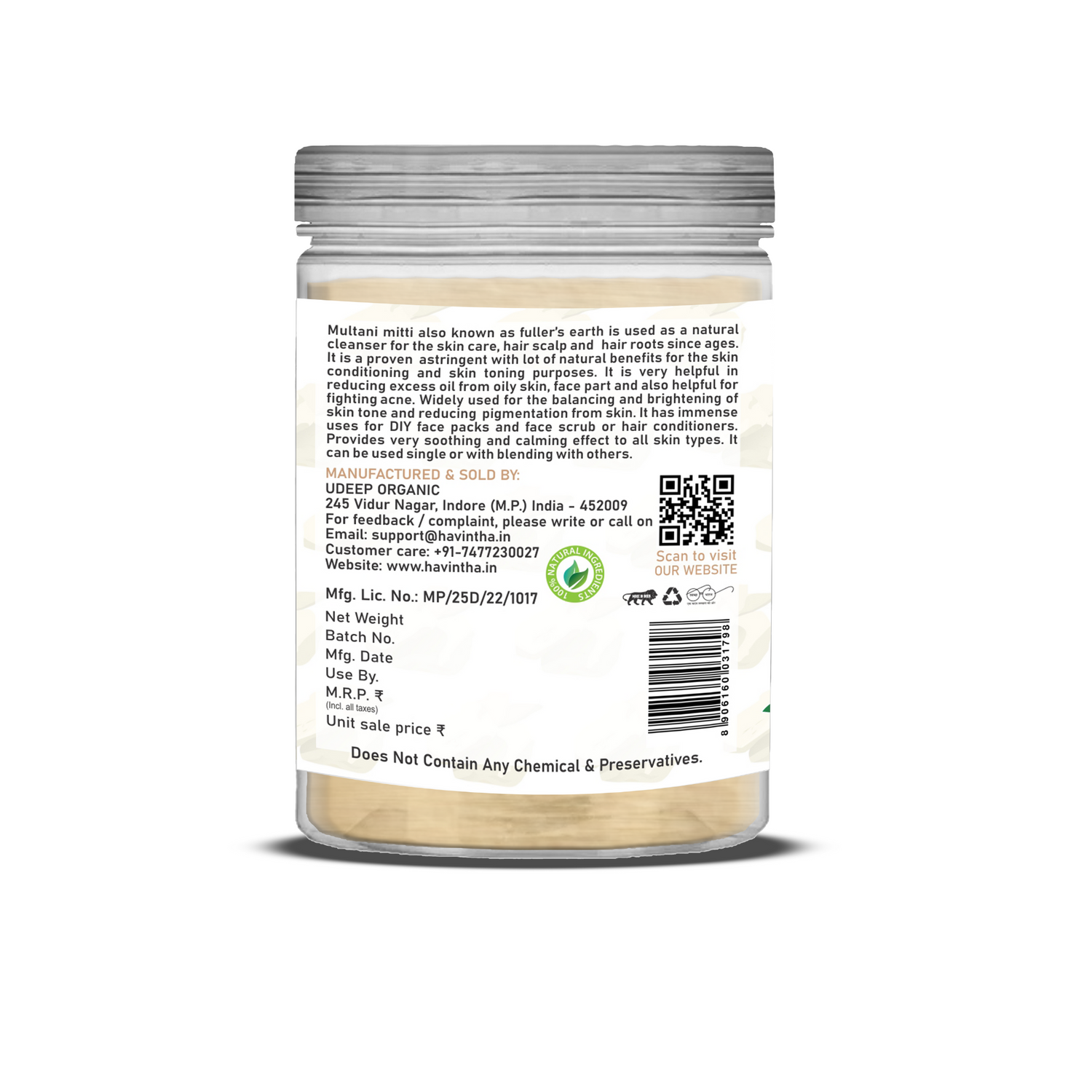 Havintha Natural Multani Mitti Powder | Natural Face Pack &amp; Skin Care | 8 oz | 250 Grams (JAR)