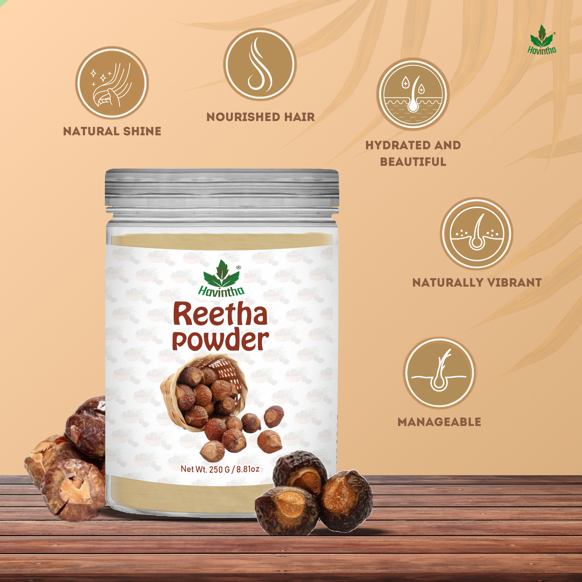 Havintha Natural Reetha Powder For Shiny Hair | Hair Care Powder | 8 oz | 250 Grams (JAR)