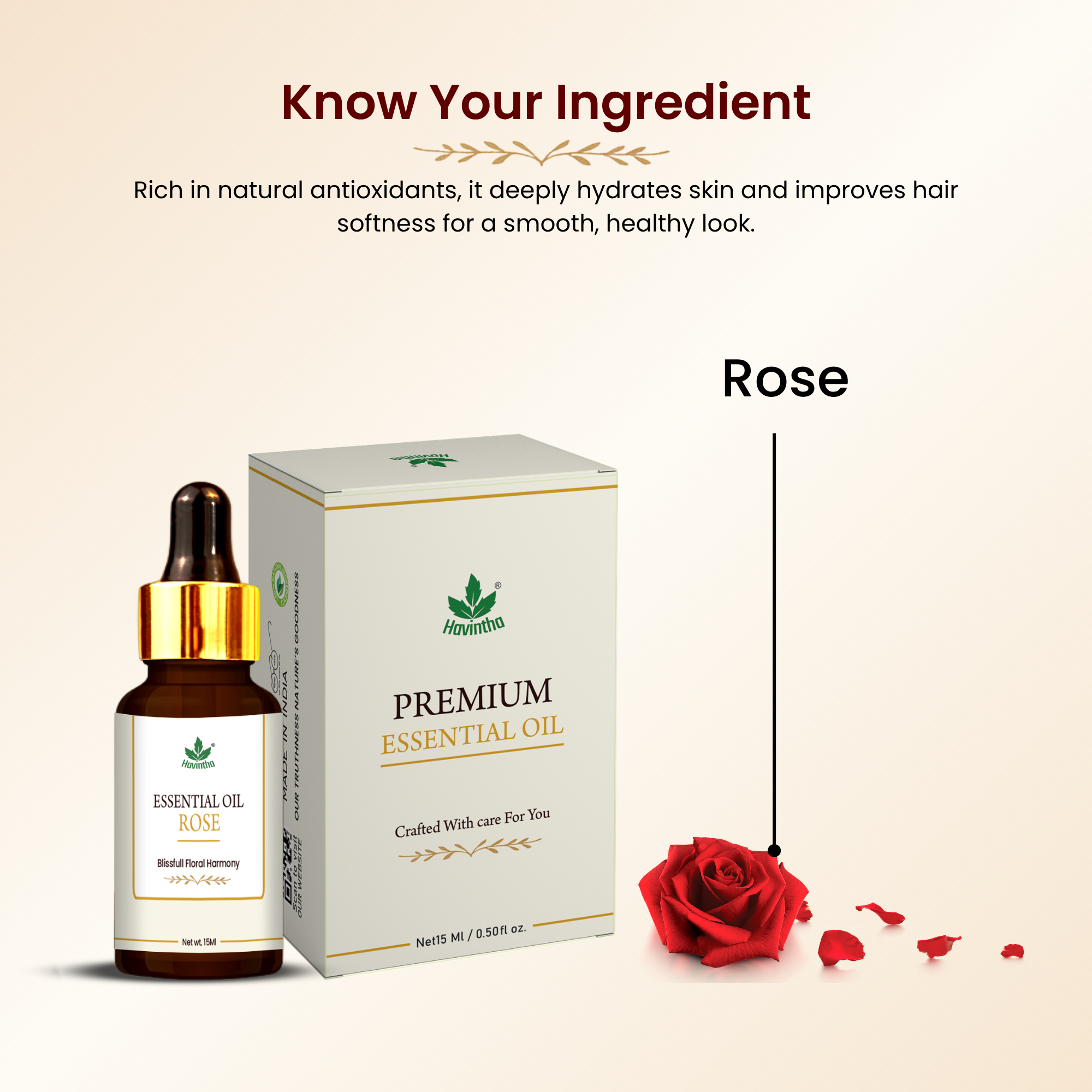 Havintha Rose Essential Oil For Hair, Skin and Stress Reduction | Pure and Organic Aroma - 15 ml