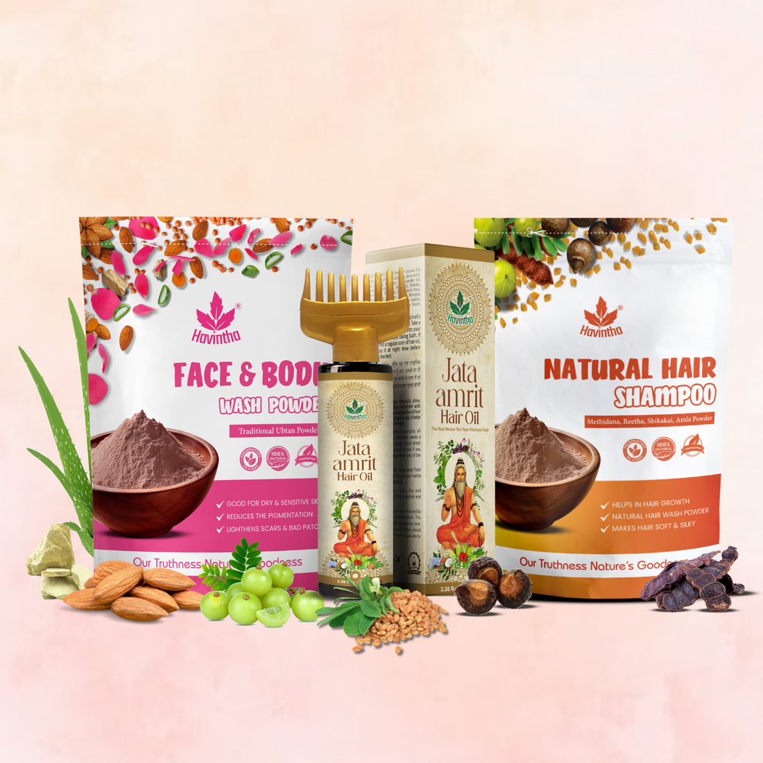 Havintha Natural Hair Shampoo (227g) for Reduce Hair Loss, Jata Amrit Hair Oil (100ml) for Hair Growth, And Face Body Wash Ubtan Powder (227g) for Skin Care