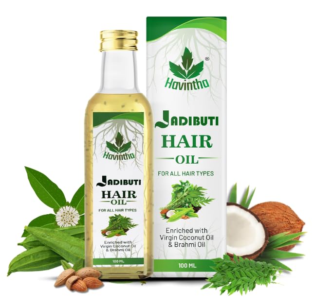 Havintha Natural Jadibuti Hair Oil For Hair Growth And Hair Fall Control With Tea Tree, Olive, Curry Leaves, Ridged Gourd, Almond, Jatamansi, Bhringraj, And Brahmi Oil - 3 oz | 100 ML