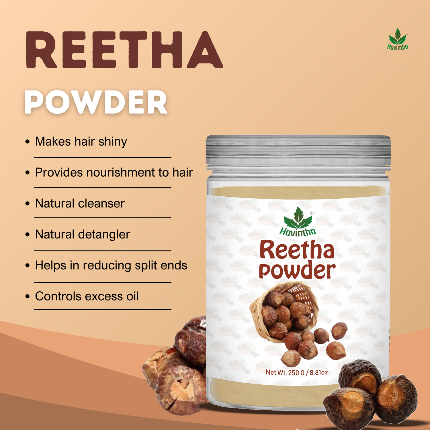 Havintha Natural Reetha Powder For Shiny Hair | Hair Care Powder | 8 oz | 250 Grams (JAR)