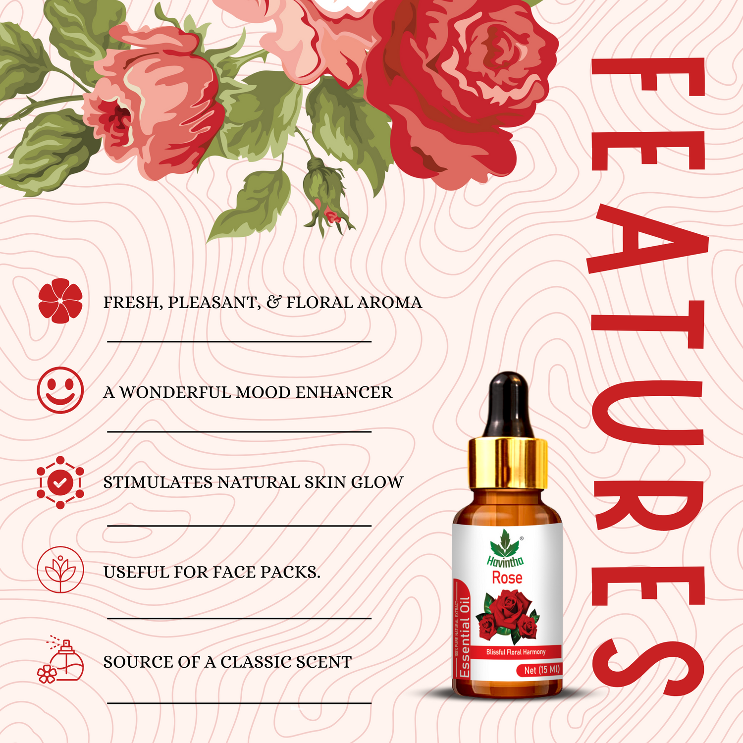 Havintha Rose Essential Oil For Hair, Skin and Stress Reduction | Pure and Organic Aroma - 15 ml