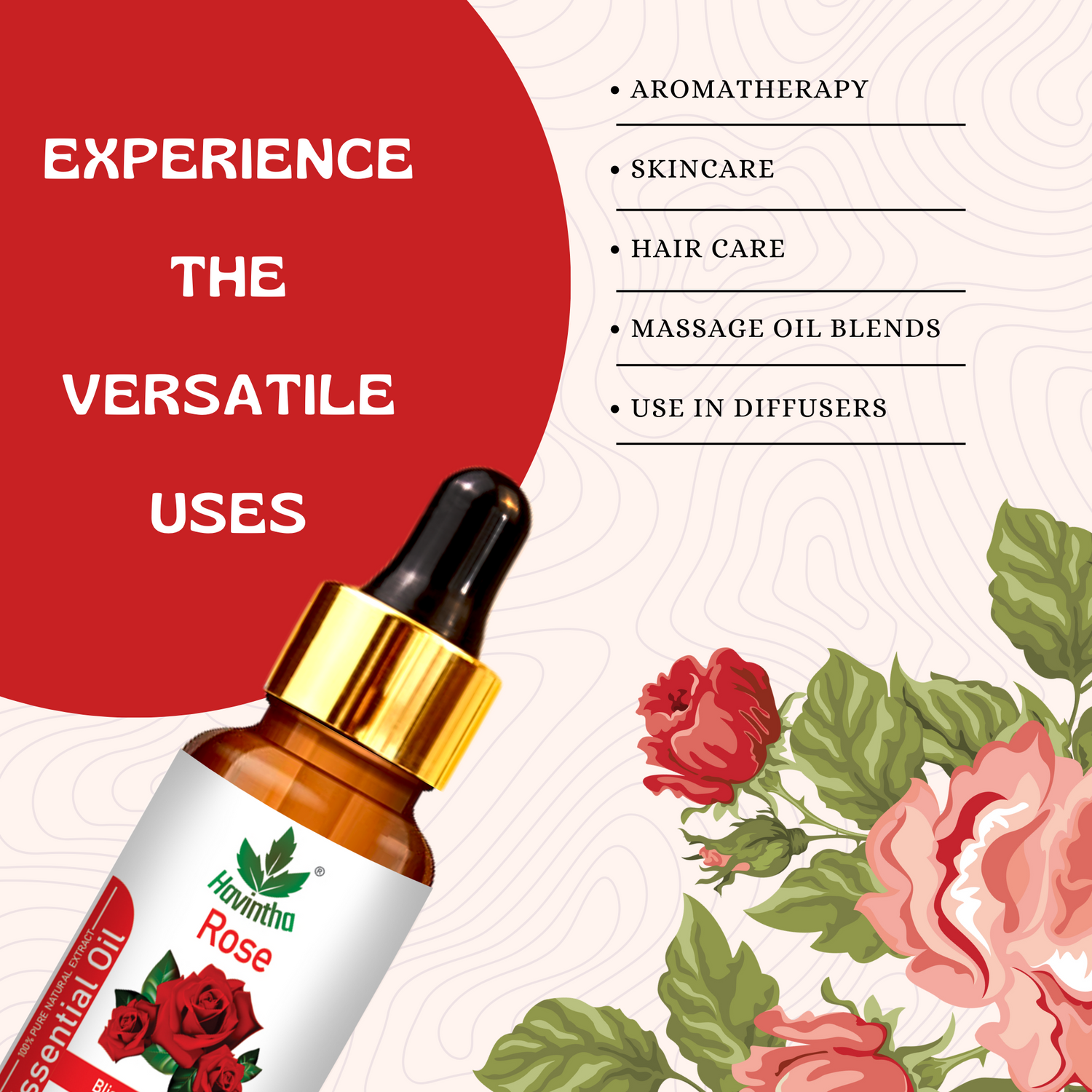 Havintha Rose Essential Oil For Hair, Skin and Stress Reduction | Pure and Organic Aroma - 15 ml