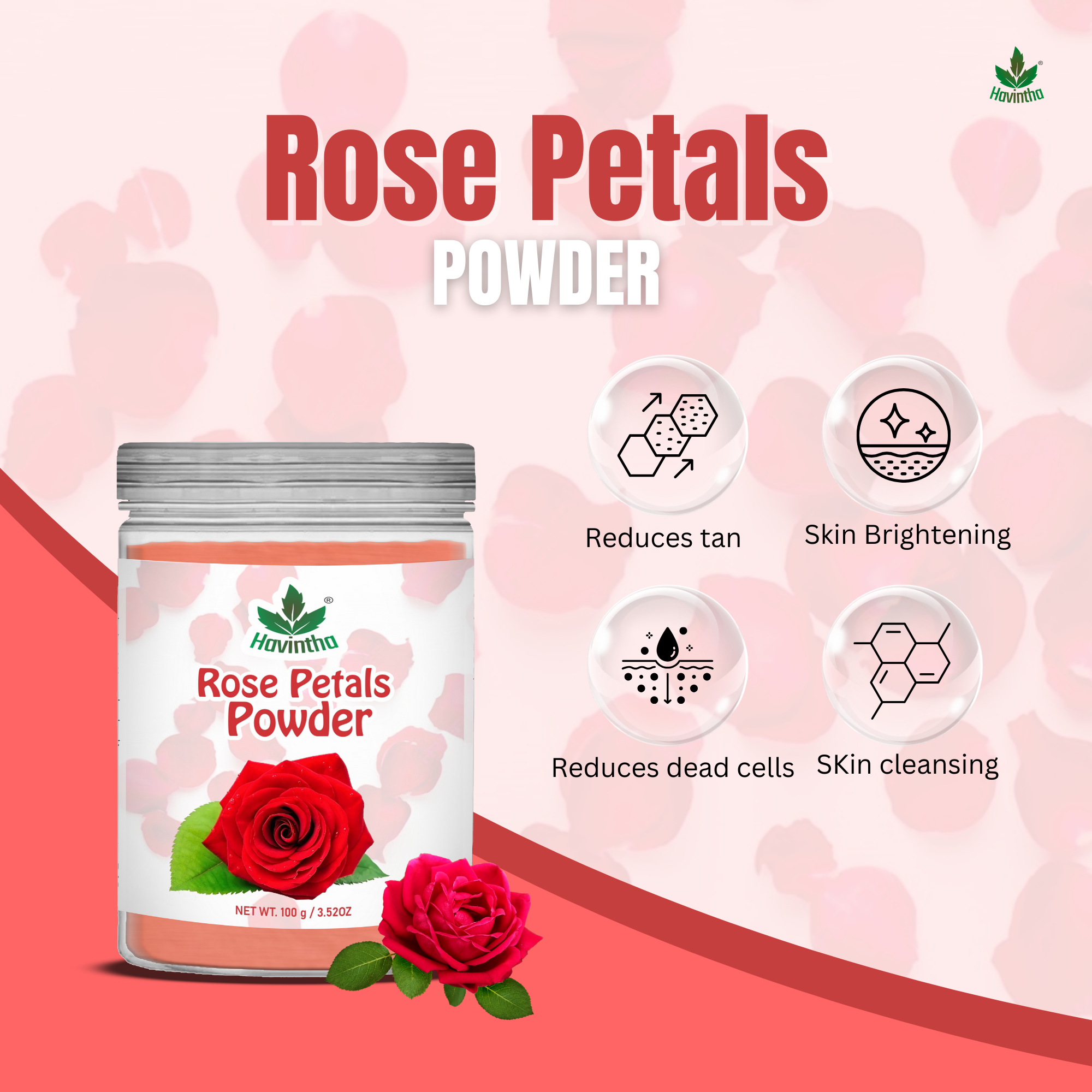 Havintha Natural Rose Petals Powder | For Skin Brightening | 8 oz | 250 Grams (JAR)