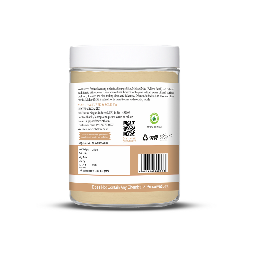 Havintha Natural Multani Mitti Powder | Natural Face Pack & Skin Care | 8.81 oz | 250 Grams (JAR)