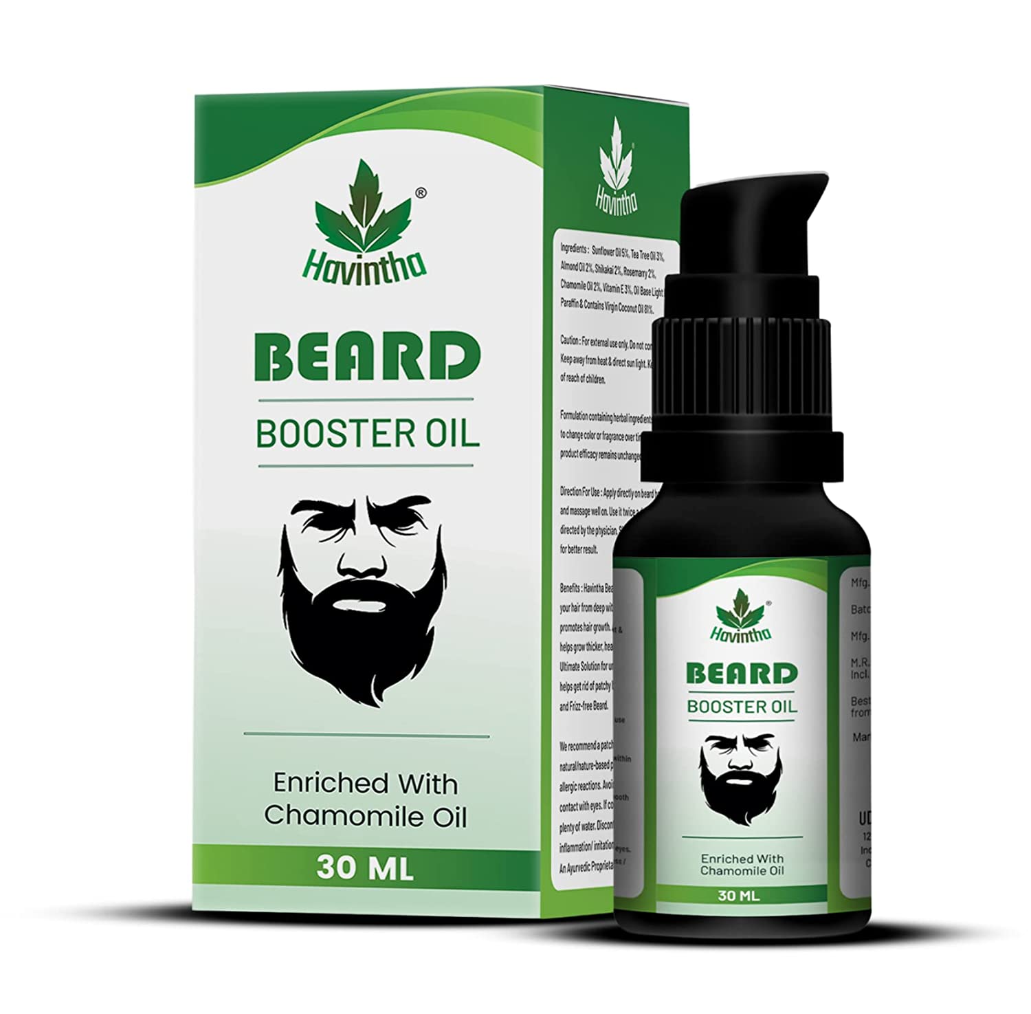 Havintha Natural Beard Booster Oil with Shikakai, Sunflower, Tea Tree, Almond, Chmomile Oil | Best Beard Oil for Men Fast Growth - 3 oz | 30 ML