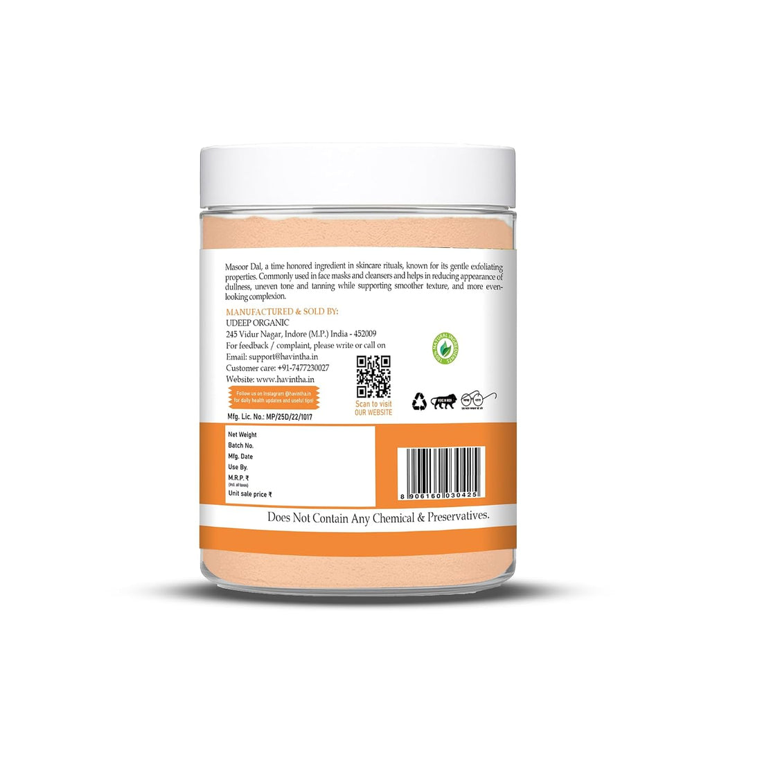 Havintha Masoor Dal Powder Face Pack for Tan Removal &amp; Glowing Skin, 227g | Made from premium-quality Masoor Dal with no added chemicals, artificial colors, or preservatives
