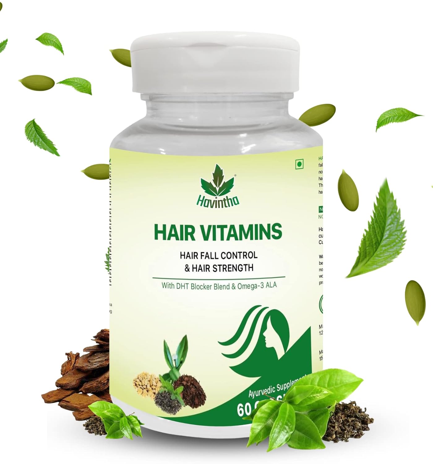 Havintha Plant Based Hair Vitamins Supplement with DHT Blocker, Hair Vitamin Blend, Omega 3 ALA &amp; Pine Bark Extract for Control Hair Fall - 60 Capsules