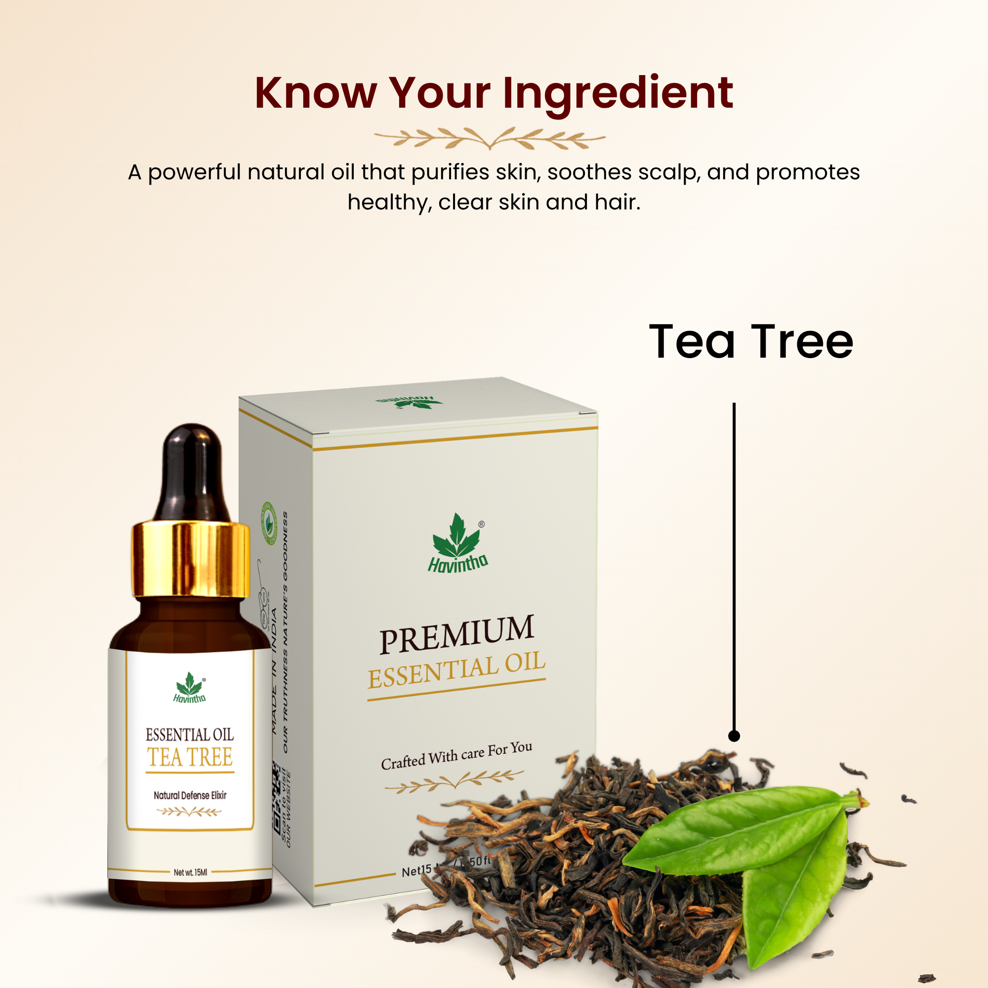 Havintha Tea Tree Essential Oil For Healthy and Glowing Skin, Acne, Dark spots and Reducing Dandruff | Pure and Organic-15 ml.