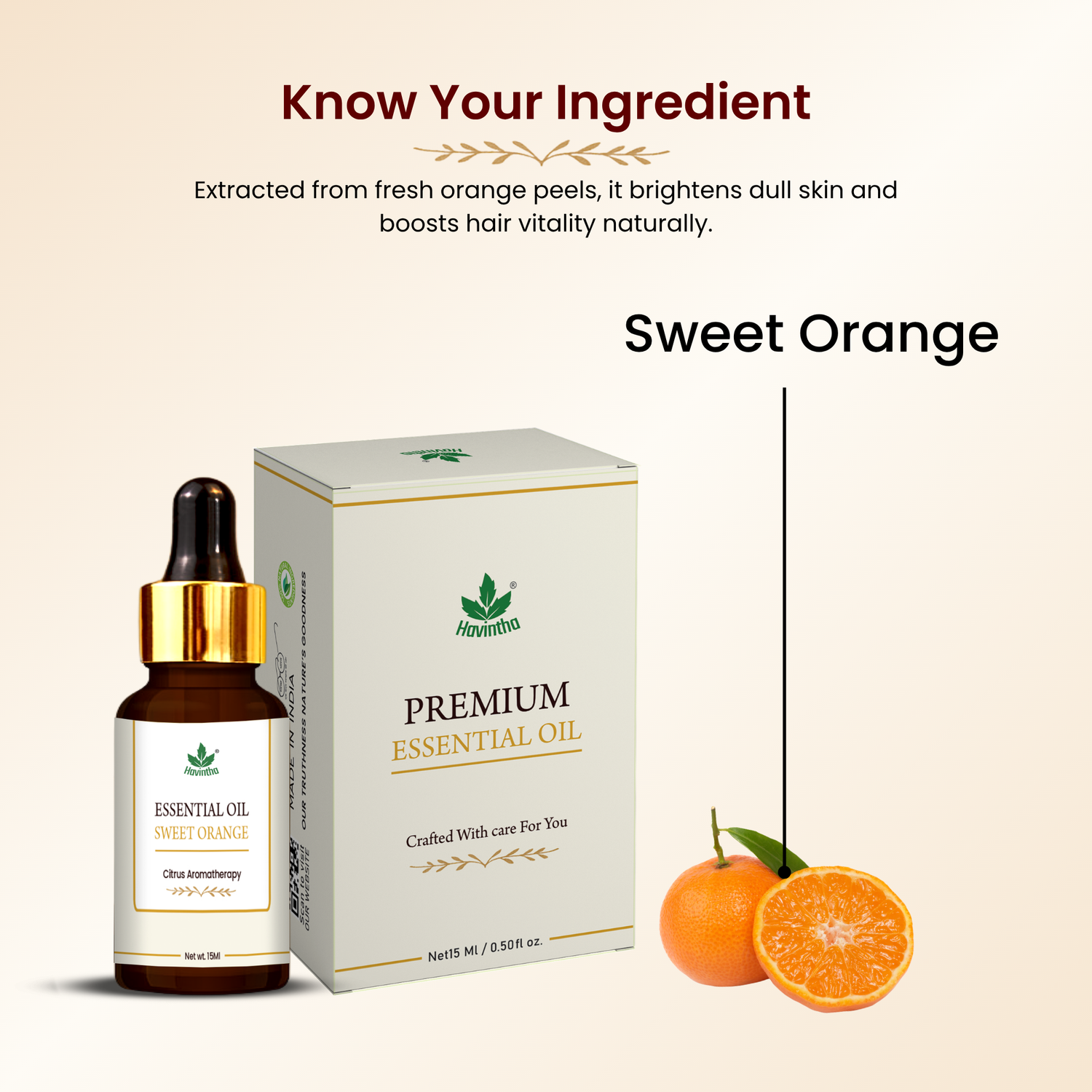 Havintha Orange Essential Oil for Fresh Mood, Dandruff and Acne Solution | 100% Organic - 15 ml.