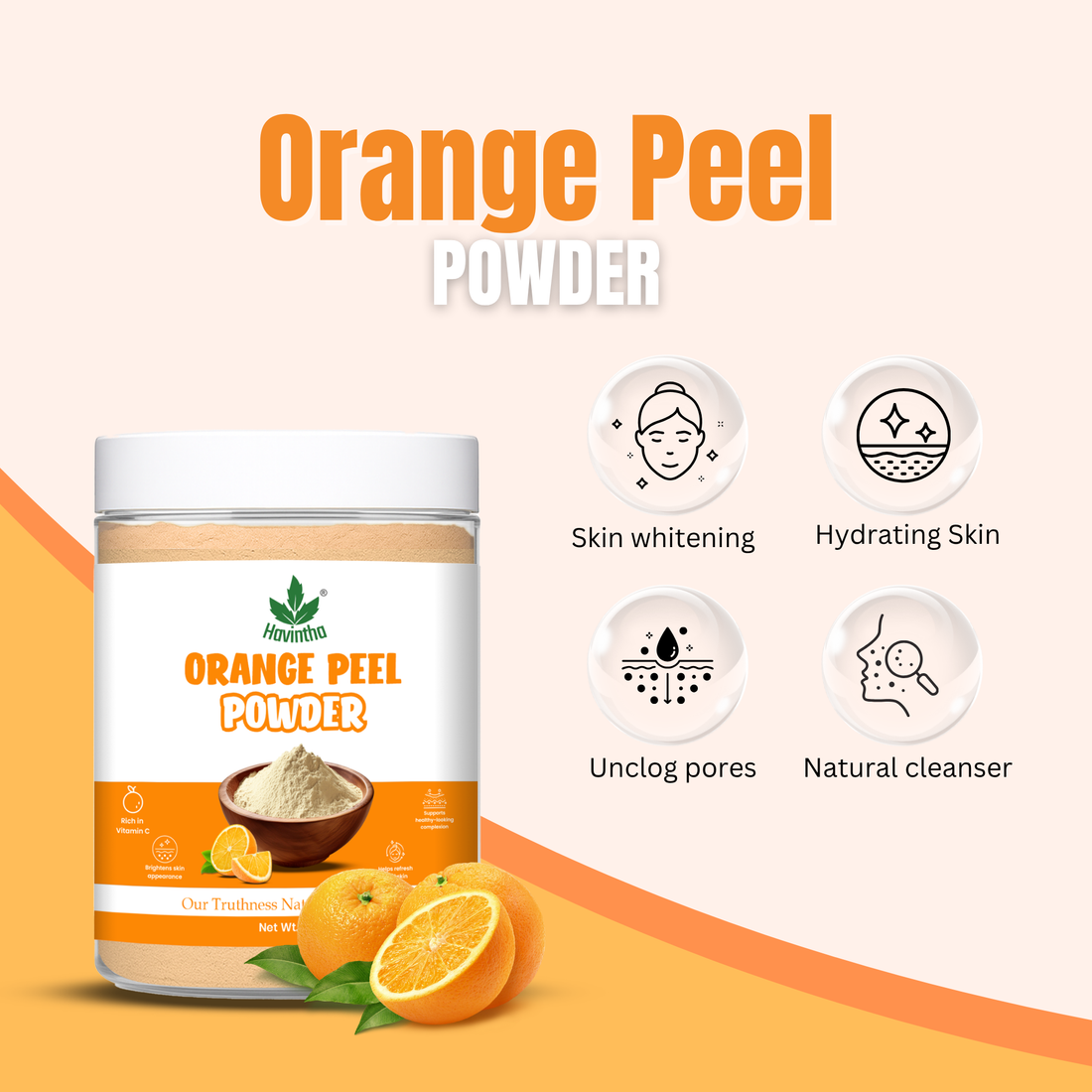 Havintha Natural Orange Peel Powder |For Bright Skin | All Skin type | 8 oz | 250 Grams (JAR)