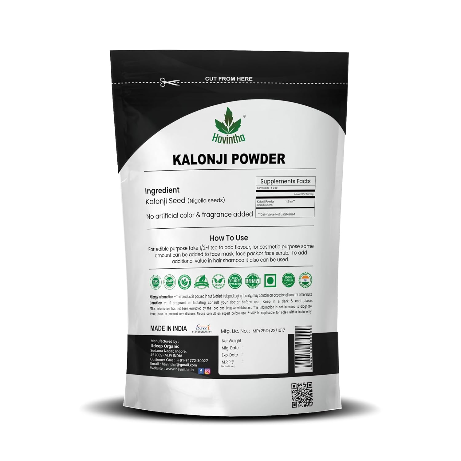 Havintha kalonji powder for managing sugar levels hair growth split ends skin health - 8 oz | 0.5 lb | 227 gm