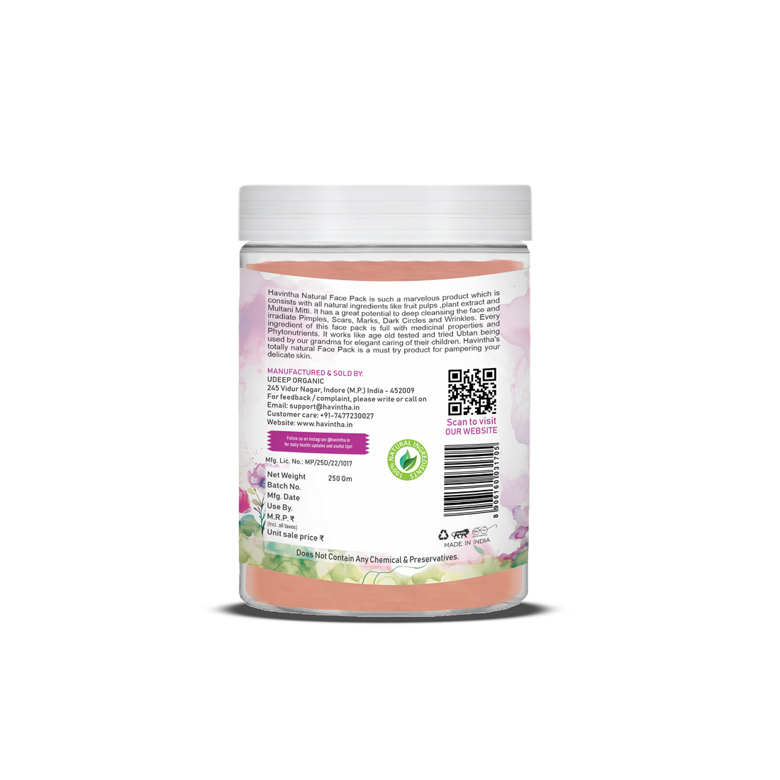 Havintha Natural Face Pack | Best Handmade Face pack | For Bright Skin | 8 oz | 250 Grams (JAR)